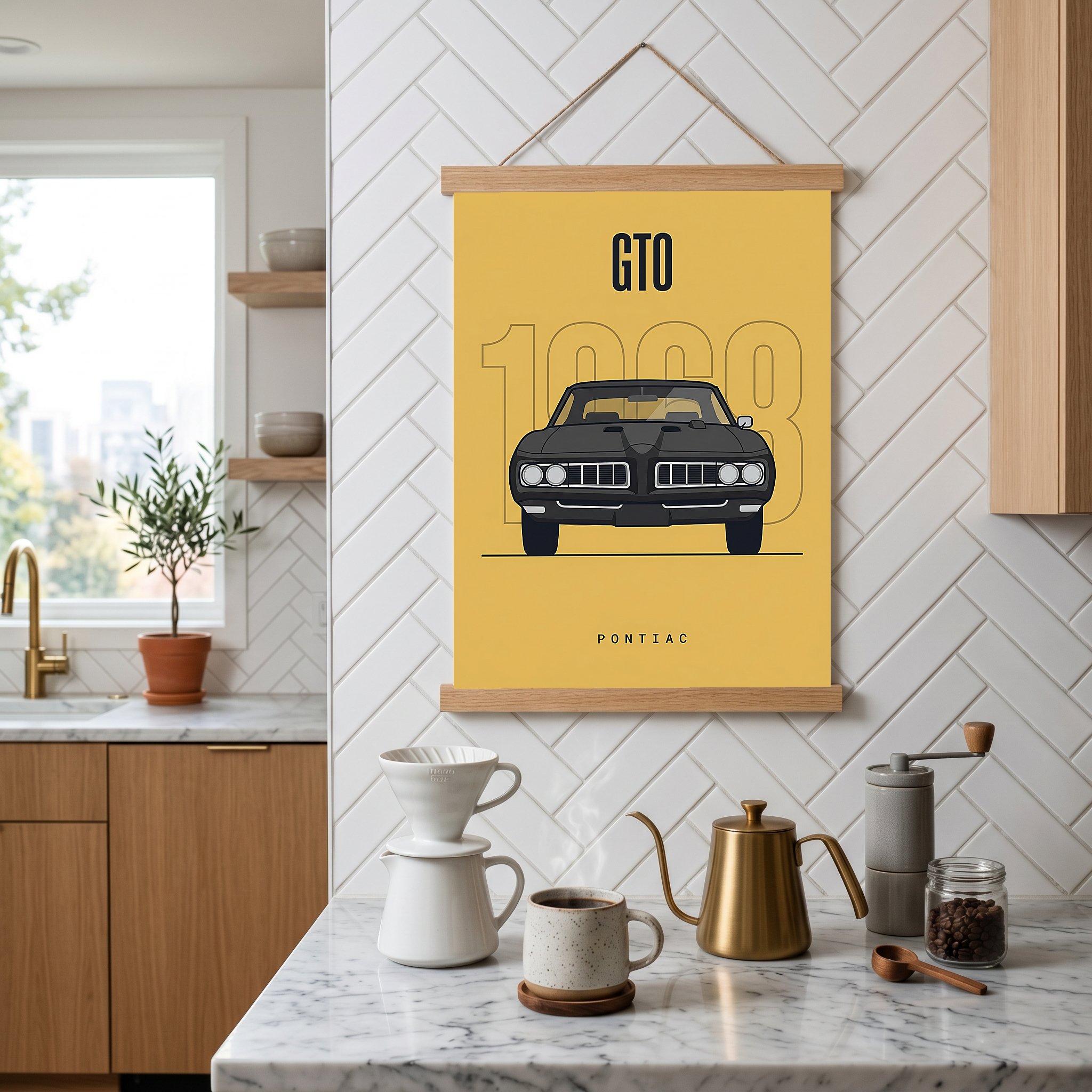Pontiac GTO 1968 Minimalist Poster — Golden Yellow Muscle Car Line Art