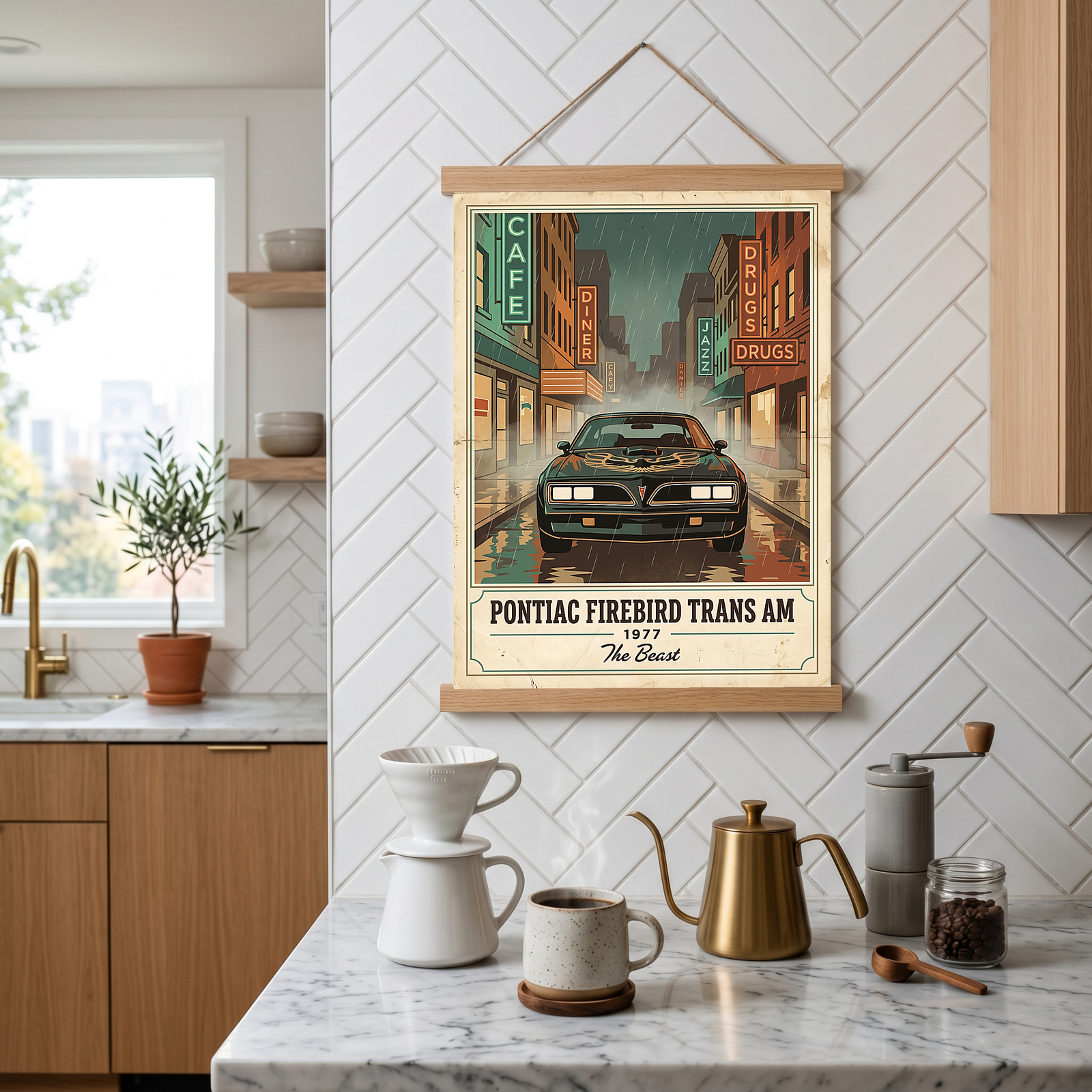 Pontiac Firebird Trans Am 1977 Poster — Vintage Muscle Bandit Rainy Noir Street Print