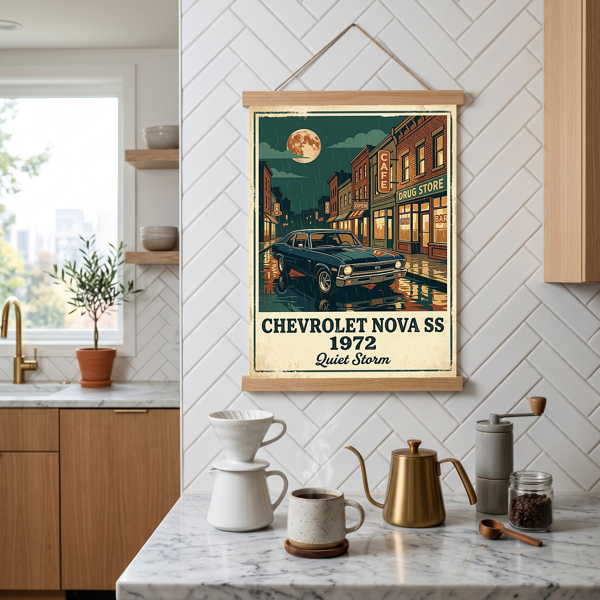 Chevrolet Nova SS 1972 Poster — Vintage Muscle Car Rainy Night Street Print
