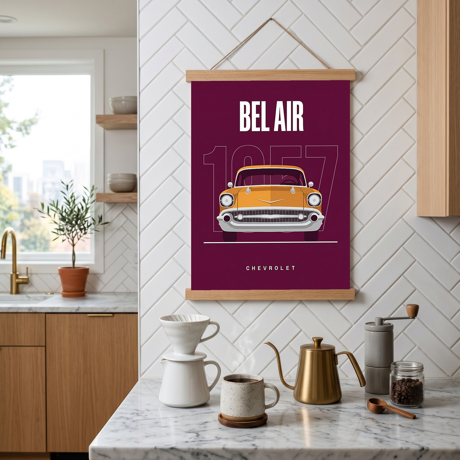 Chevrolet Bel Air 1957 Minimalist Poster — Burgundy Classic Car Line Art