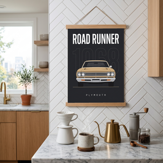 Plymouth Road Runner 1968 V2 Minimalist Poster — Sand on Charcoal Muscle Line Art
