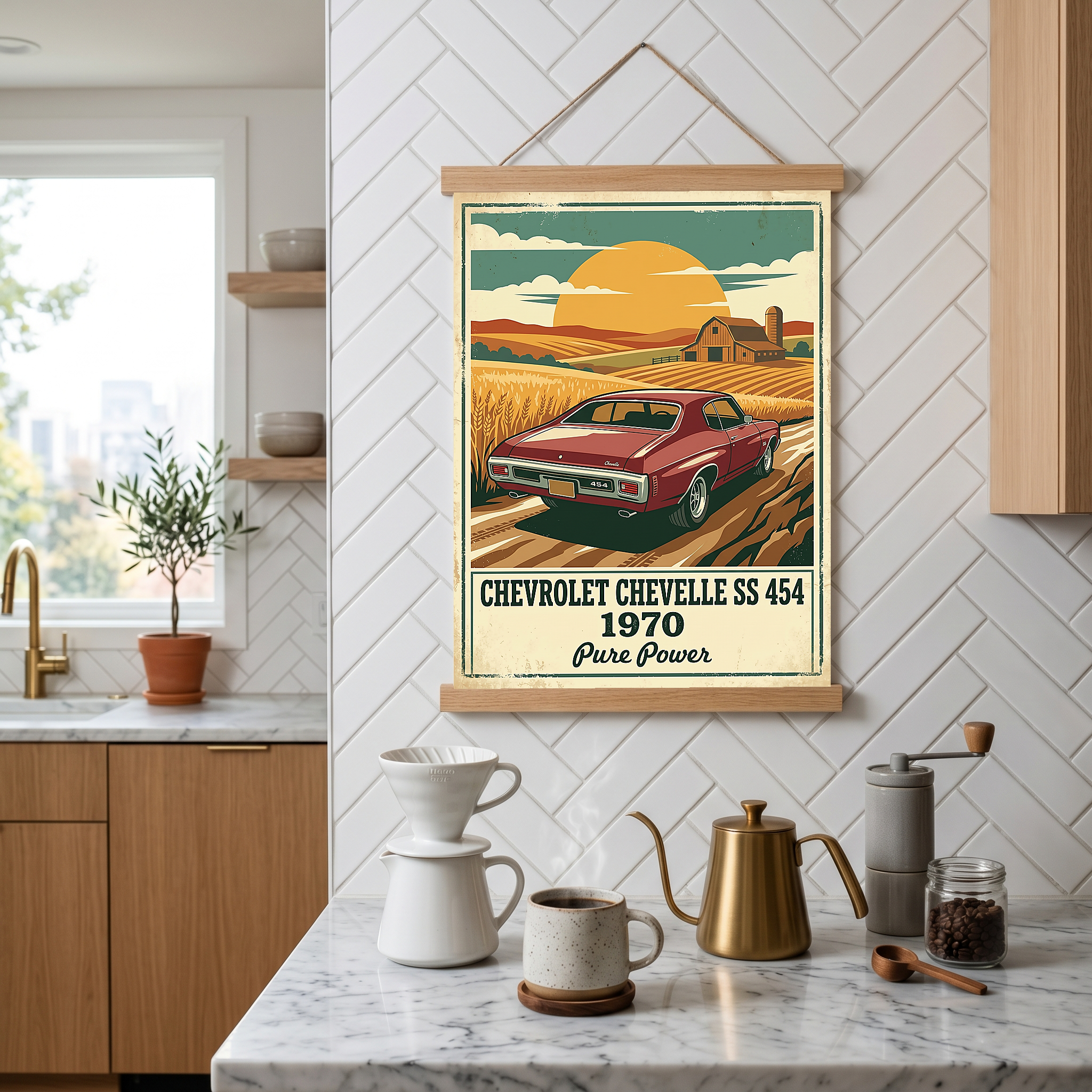 Chevrolet Chevelle SS 454 1970 V3 Poster — Vintage Muscle Car Wheat Field Barn Print