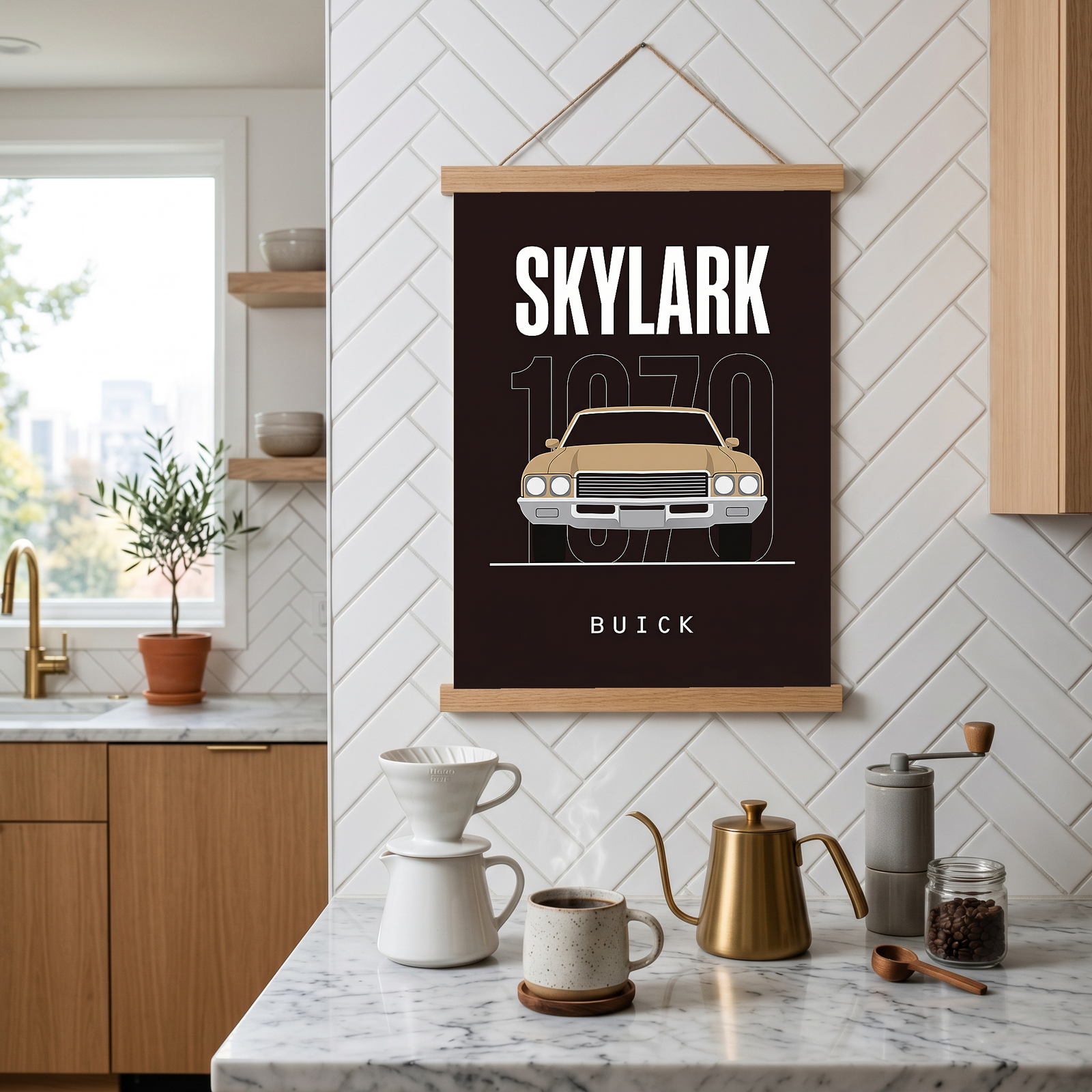 Buick Skylark 1970 Minimalist Poster — Tan on Espresso Muscle Car Line Art