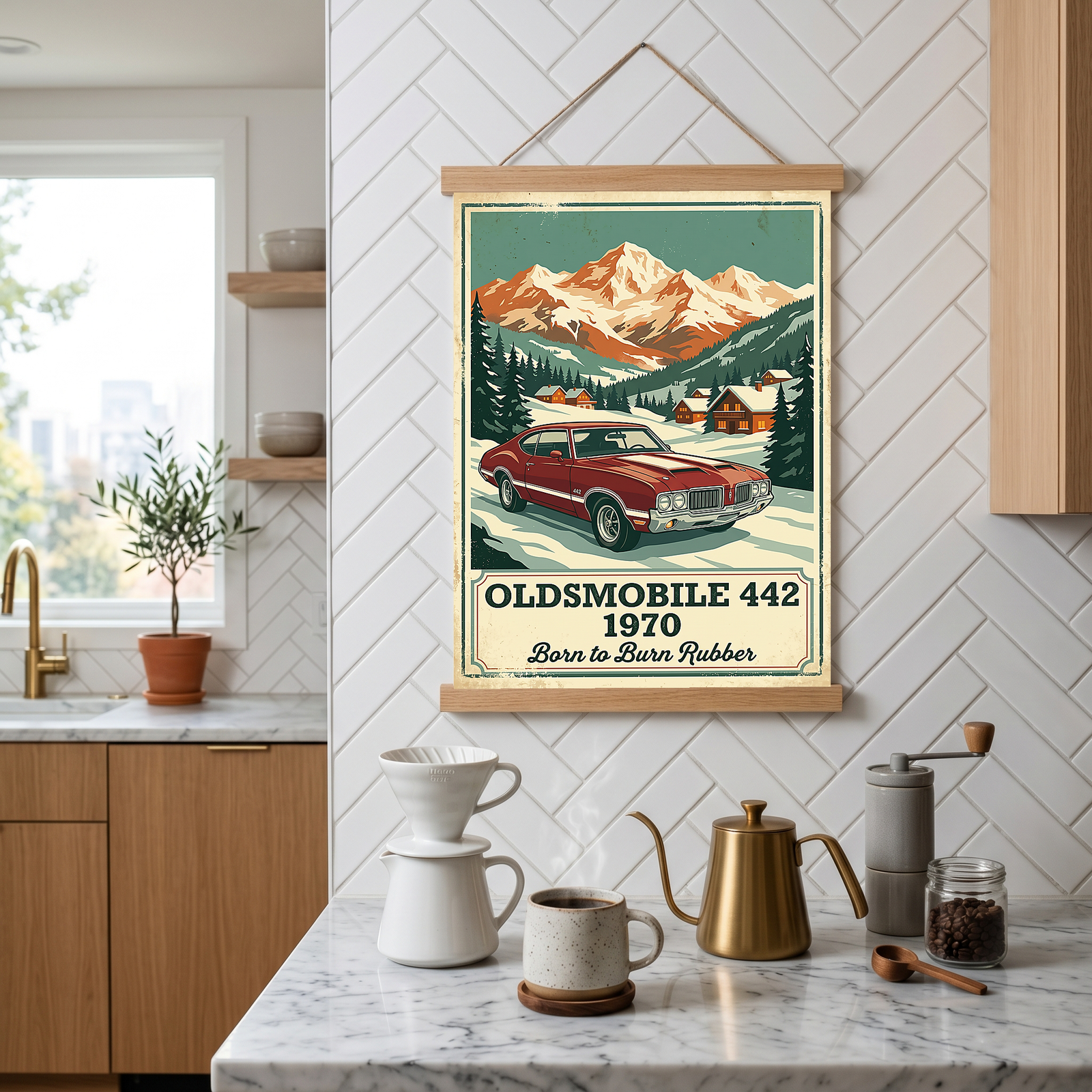 Oldsmobile 442 1970 V2 Poster — Vintage Muscle Winter Alpine Village Print