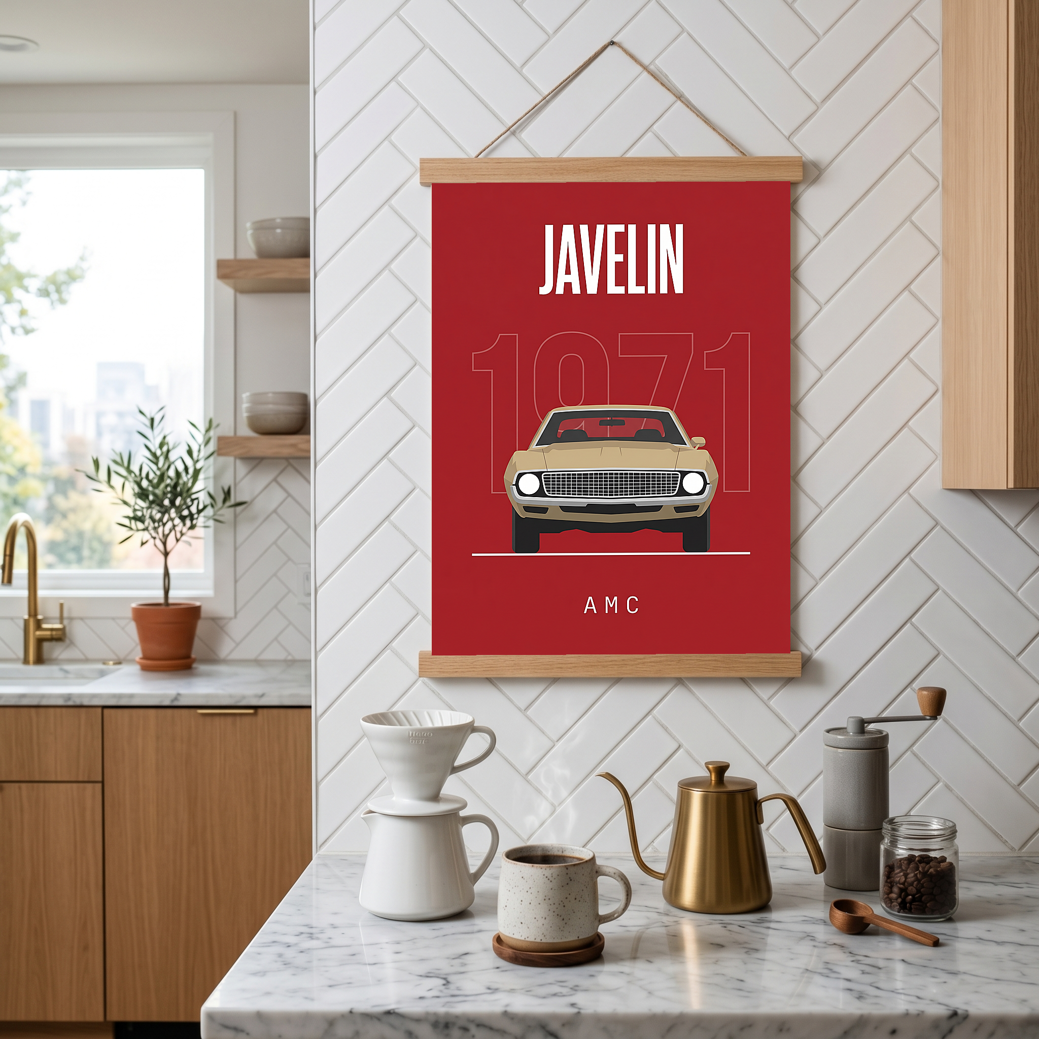 AMC Javelin 1971 Minimalist Poster — Red Muscle Car Line Art