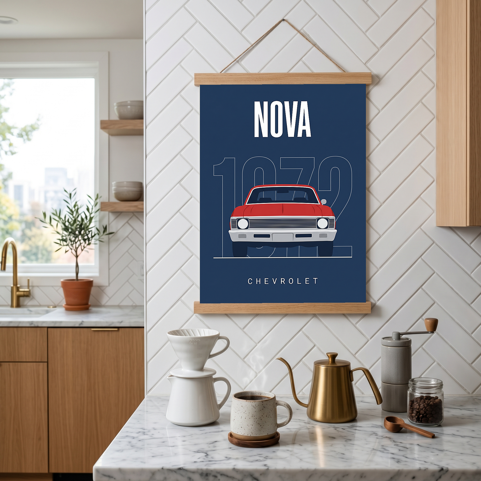 Chevrolet Nova 1972 Minimalist Poster — Red on Navy Compact Muscle Line Art