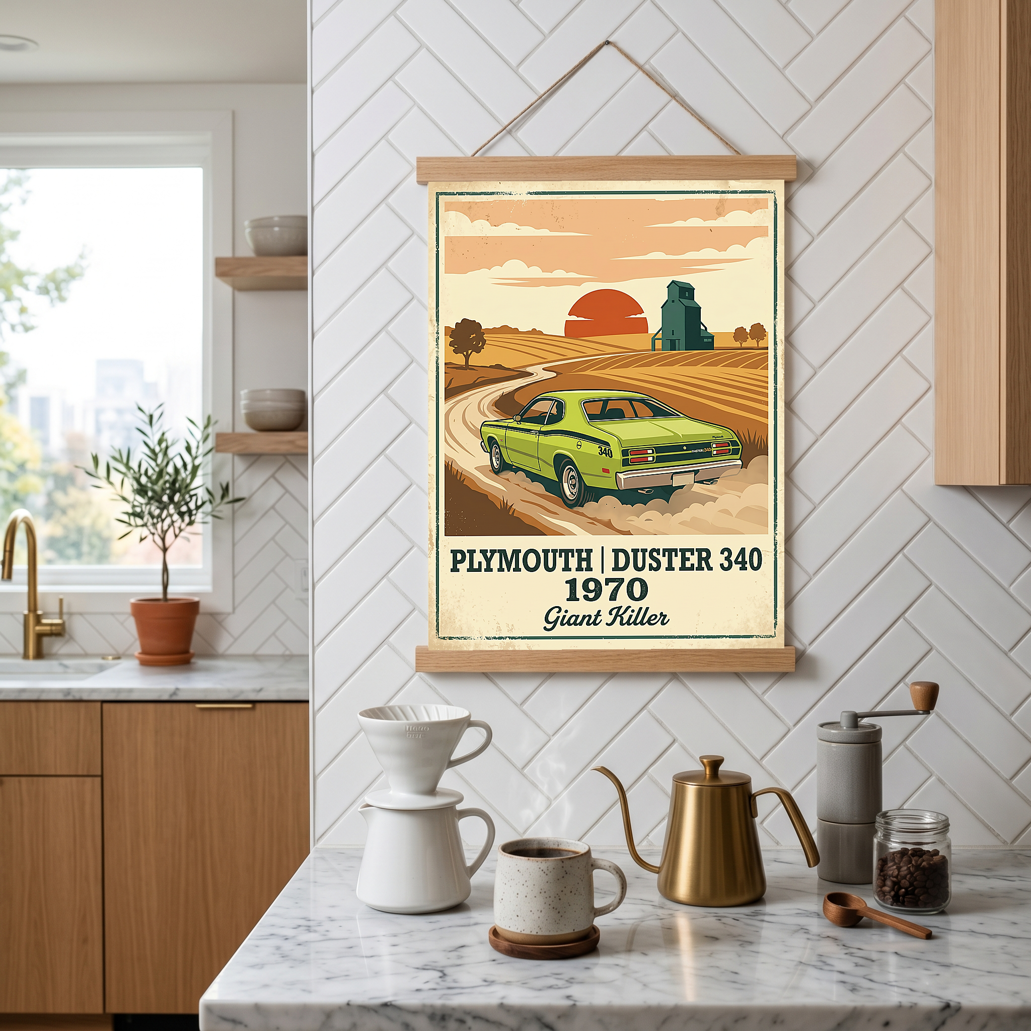 Plymouth Duster 340 1970 Poster — Vintage Muscle Car Country Wheat Print