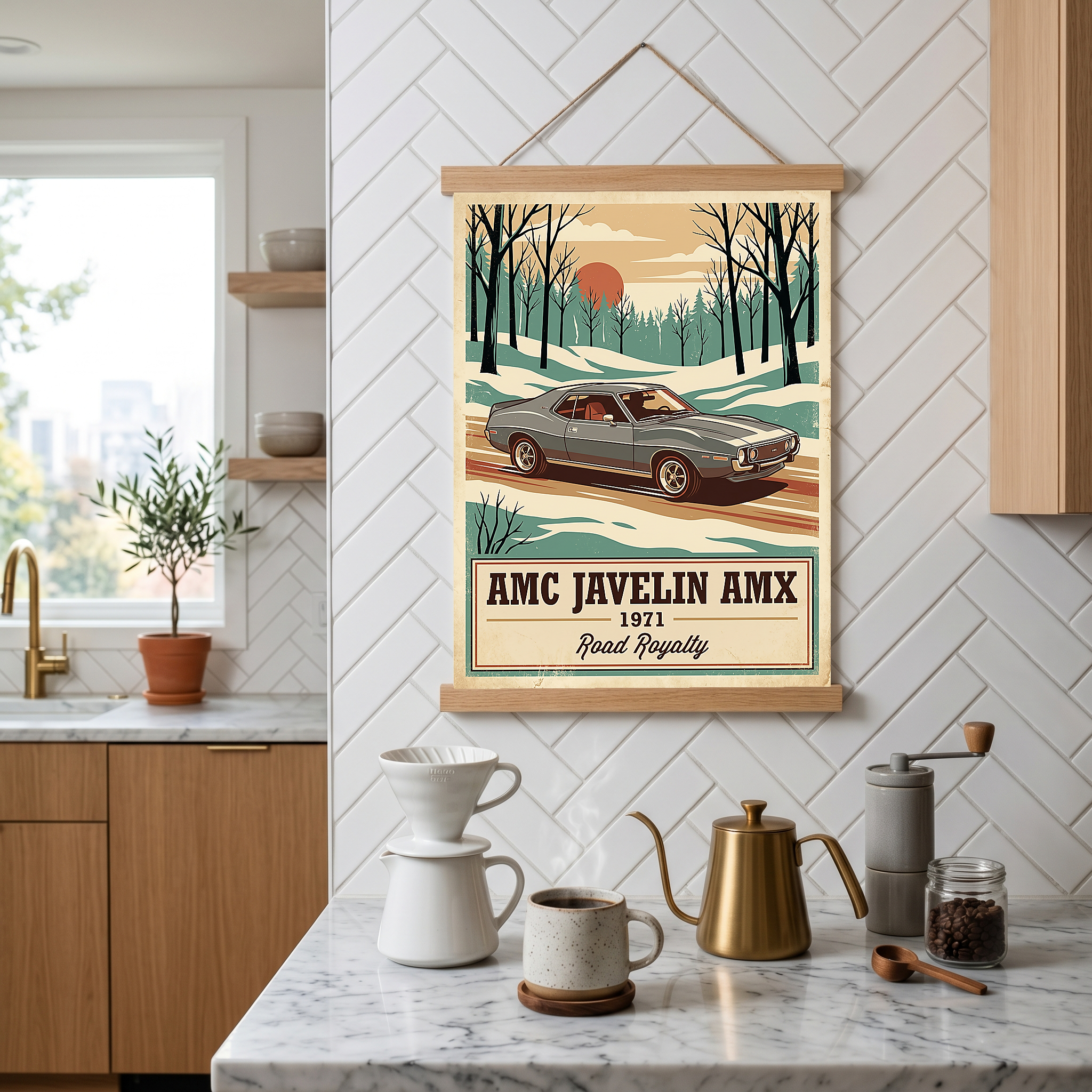 AMC Javelin AMX 1971 V2 Poster — Vintage Muscle Winter Snow Birch Forest Print