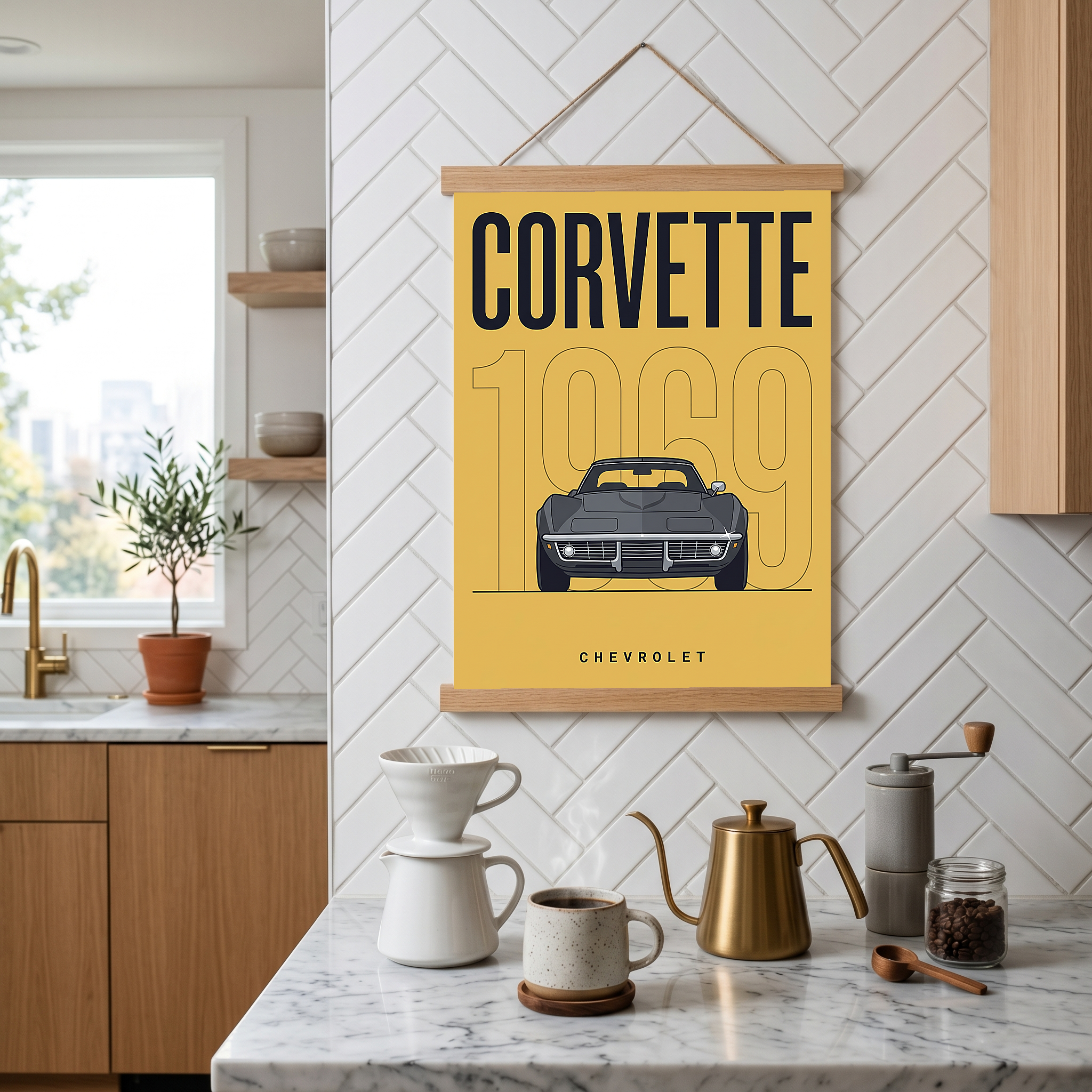 Chevrolet Corvette 1969 V2 Yellow Minimalist Poster — Muscle Car Line Art