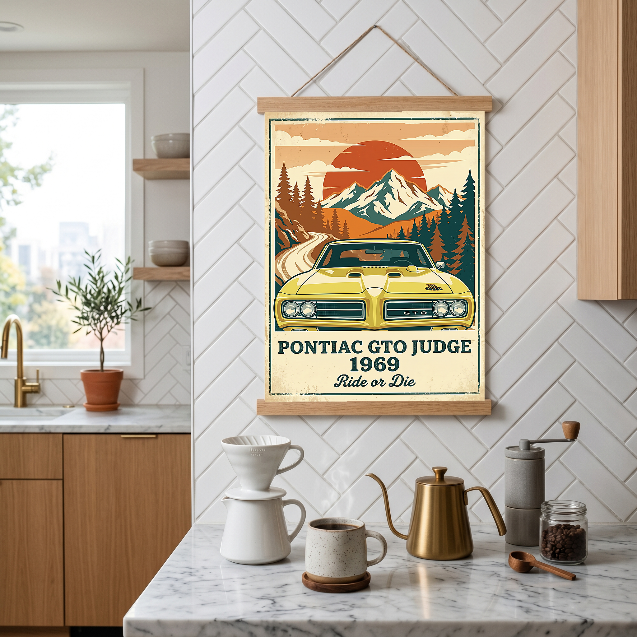 Pontiac GTO Judge 1969 Poster — Vintage Muscle Car Mountain Sunset Print