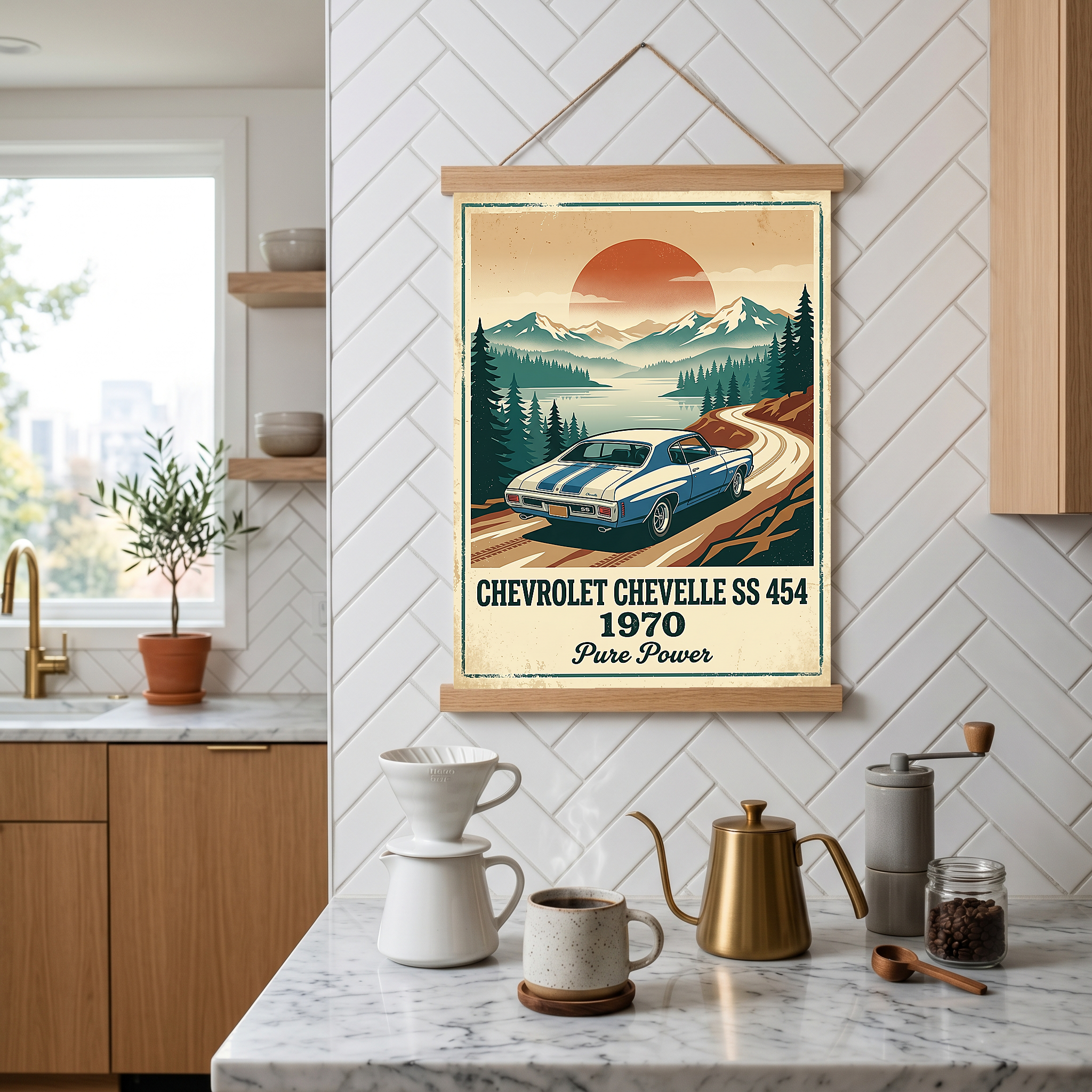 Chevrolet Chevelle SS 454 1970 Sky Blue Poster — Vintage Muscle Car Mountain Lake Print