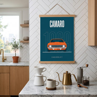 Chevrolet Camaro 1969 Minimalist Poster — Teal Muscle Car Line Art
