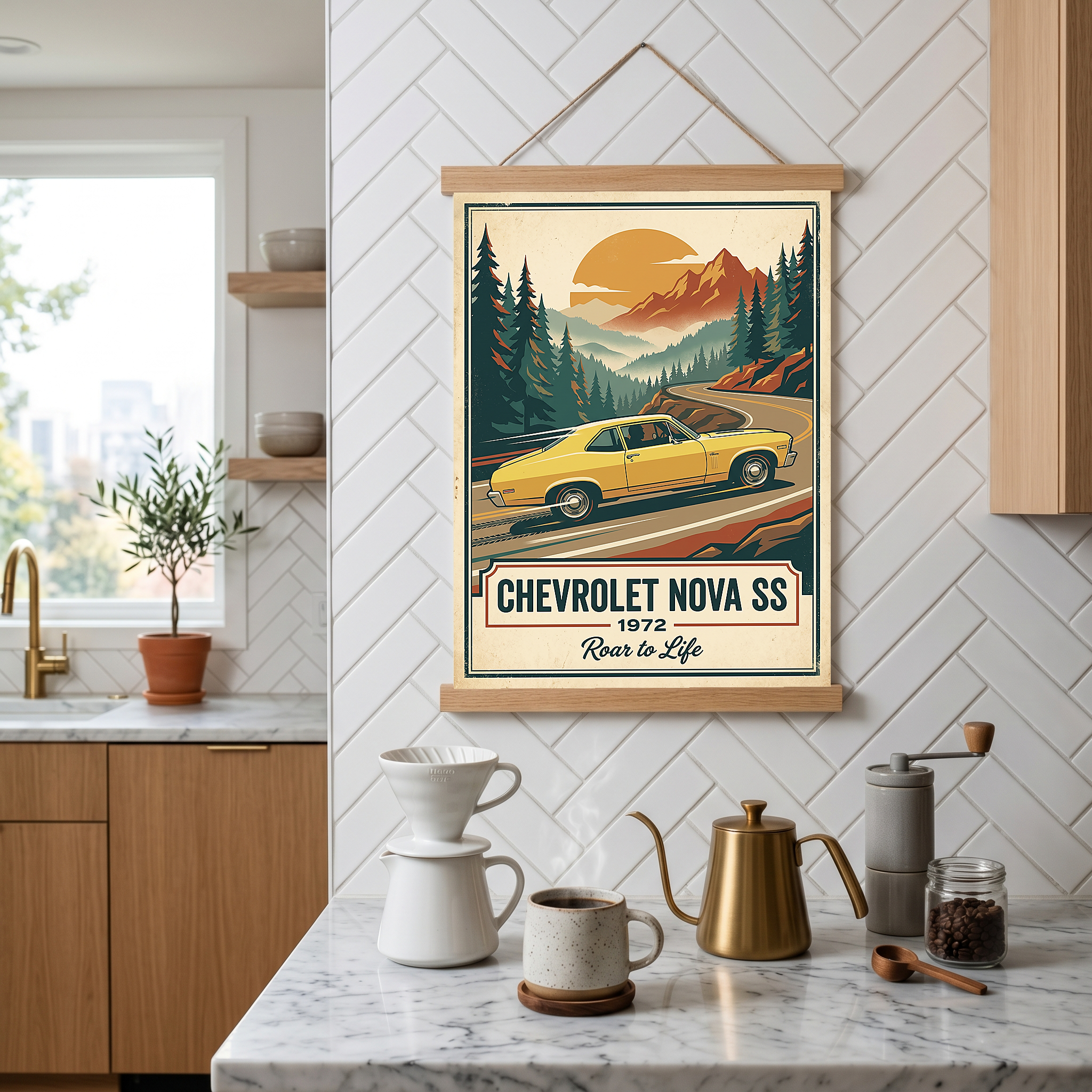 Chevrolet Nova SS 1972 V2 Poster — Vintage Muscle Mountain Pine Winding Road Print