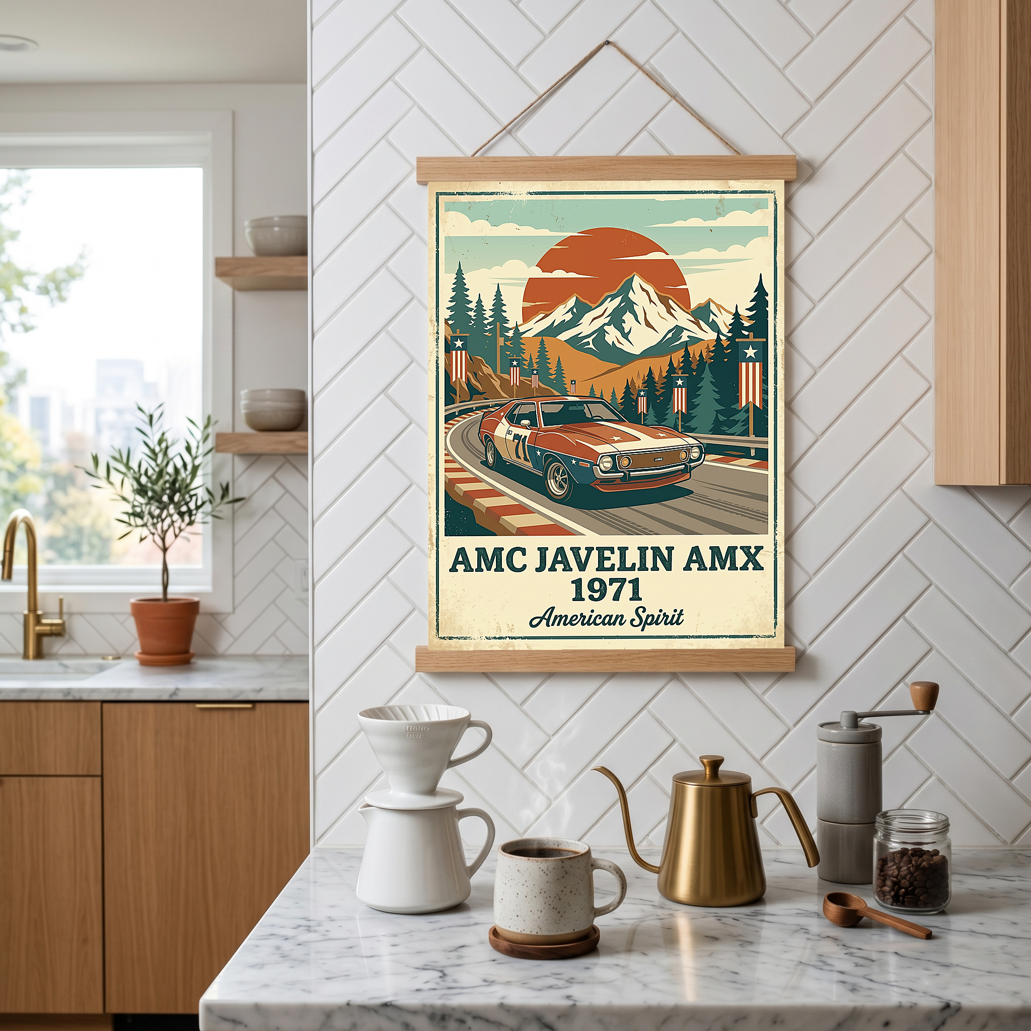 AMC Javelin AMX 1971 Poster — Vintage Muscle Car Race Track Mountain Print