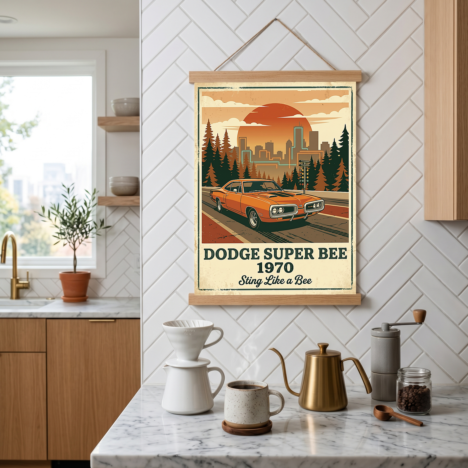 Dodge Super Bee 1970 Poster — Vintage Muscle Car City Skyline Print