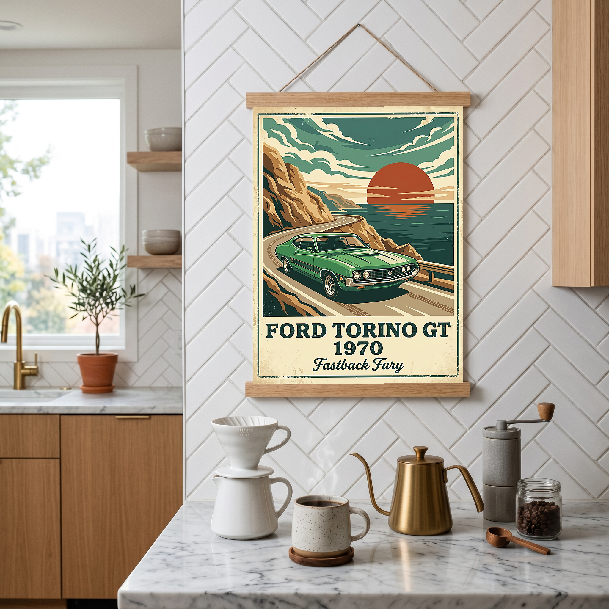 Ford Torino GT 1970 Poster — Vintage Muscle Car Coastal Cliff Sunset Print