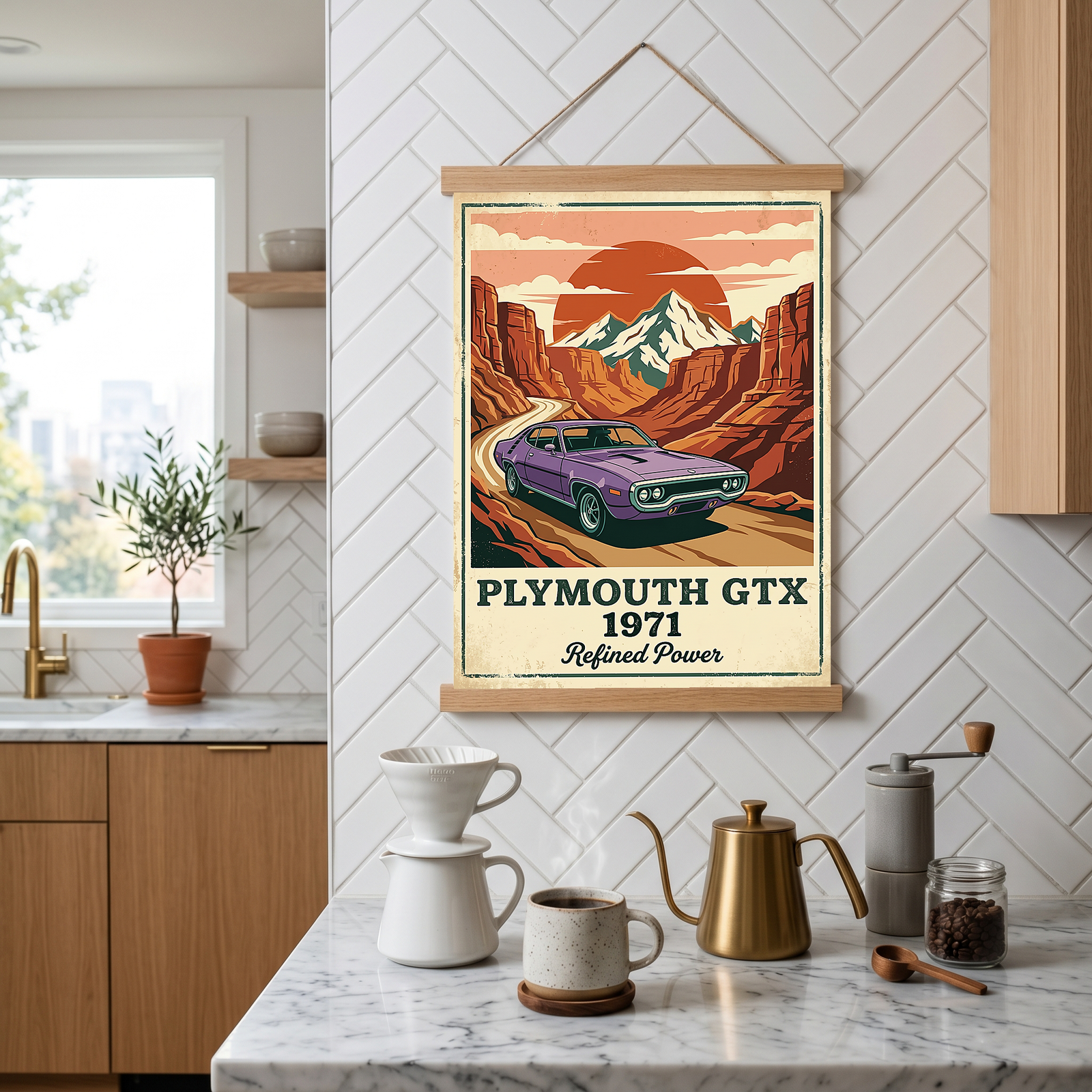 Plymouth GTX 1971 Poster — Vintage Muscle Car Red Rock Canyon Print
