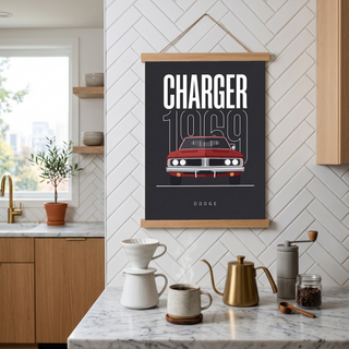 Dodge Charger 1969 V2 Charcoal Minimalist Poster — Muscle Car Line Art