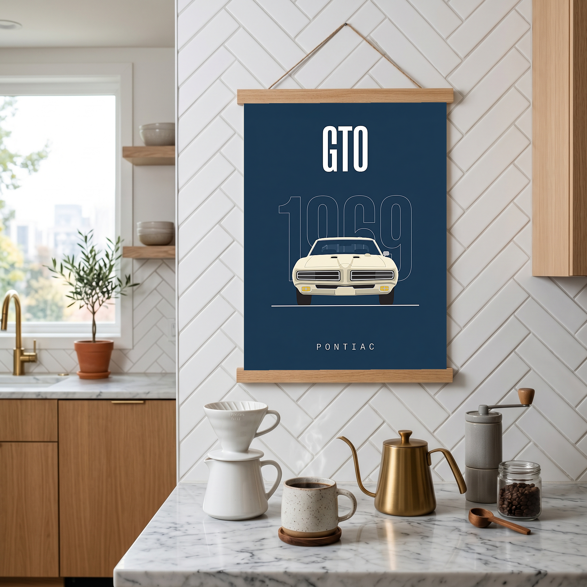 Pontiac GTO 1969 Minimalist Poster — Navy Muscle Car Line Art