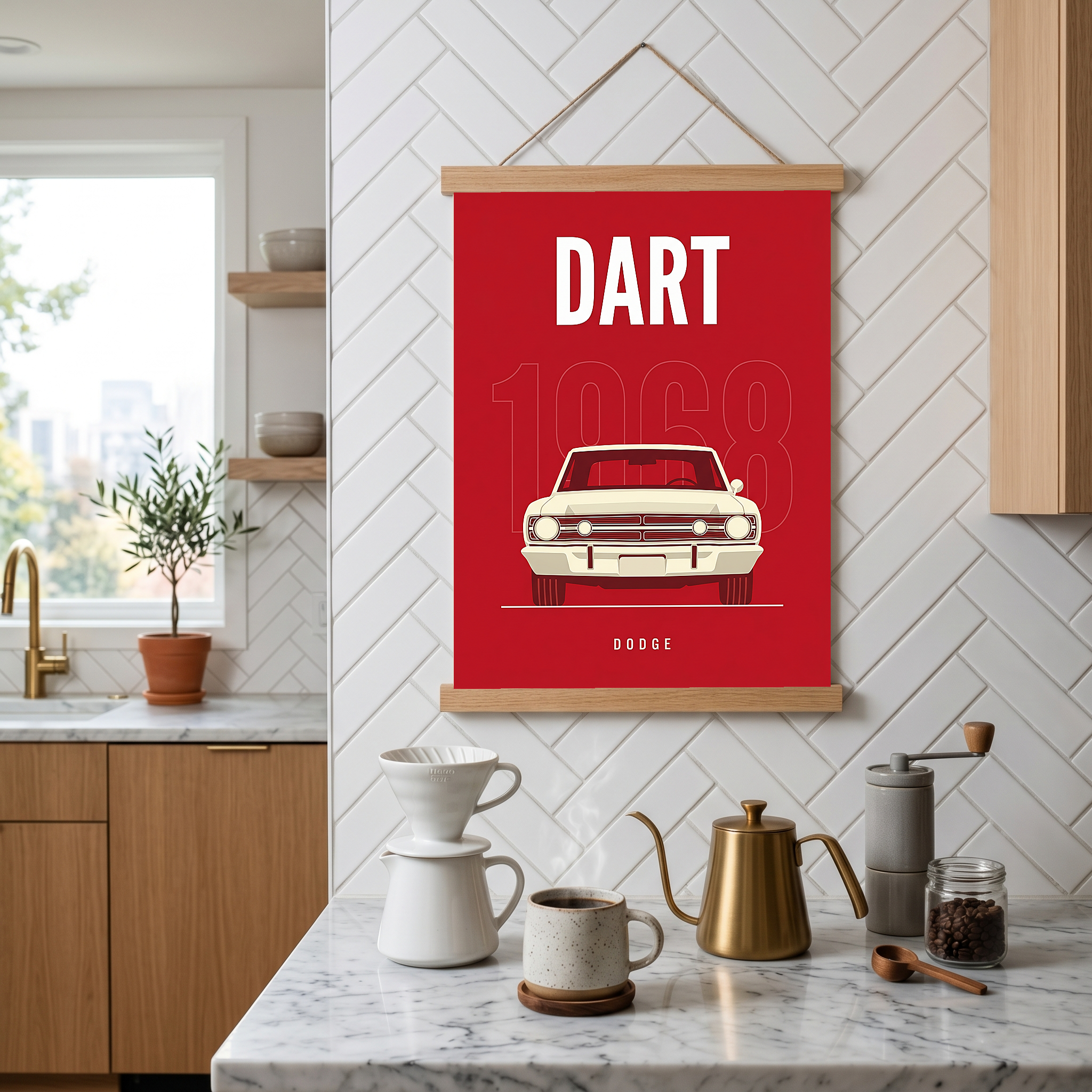 Dodge Dart 1968 Minimalist Poster — Ivory on Cherry Red Muscle Line Art
