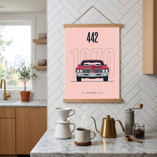 Oldsmobile 442 1970 Minimalist Poster — Blush Pink Muscle Car Line Art