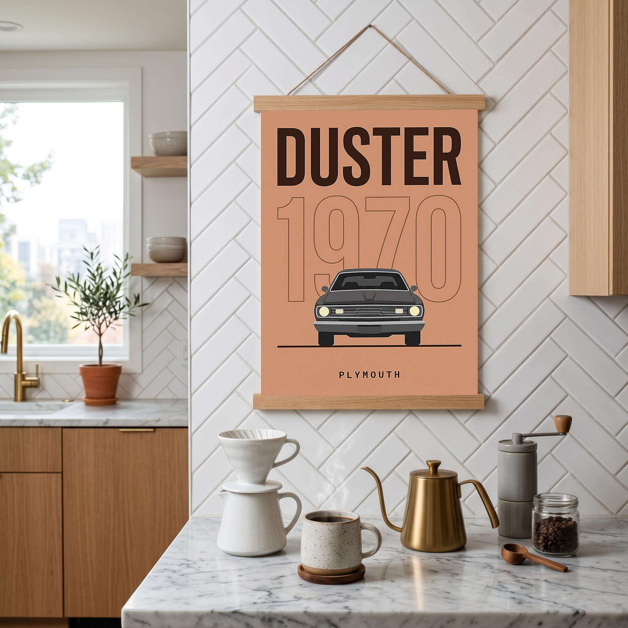 Plymouth Duster 1970 Minimalist Poster — Terracotta Muscle Car Line Art