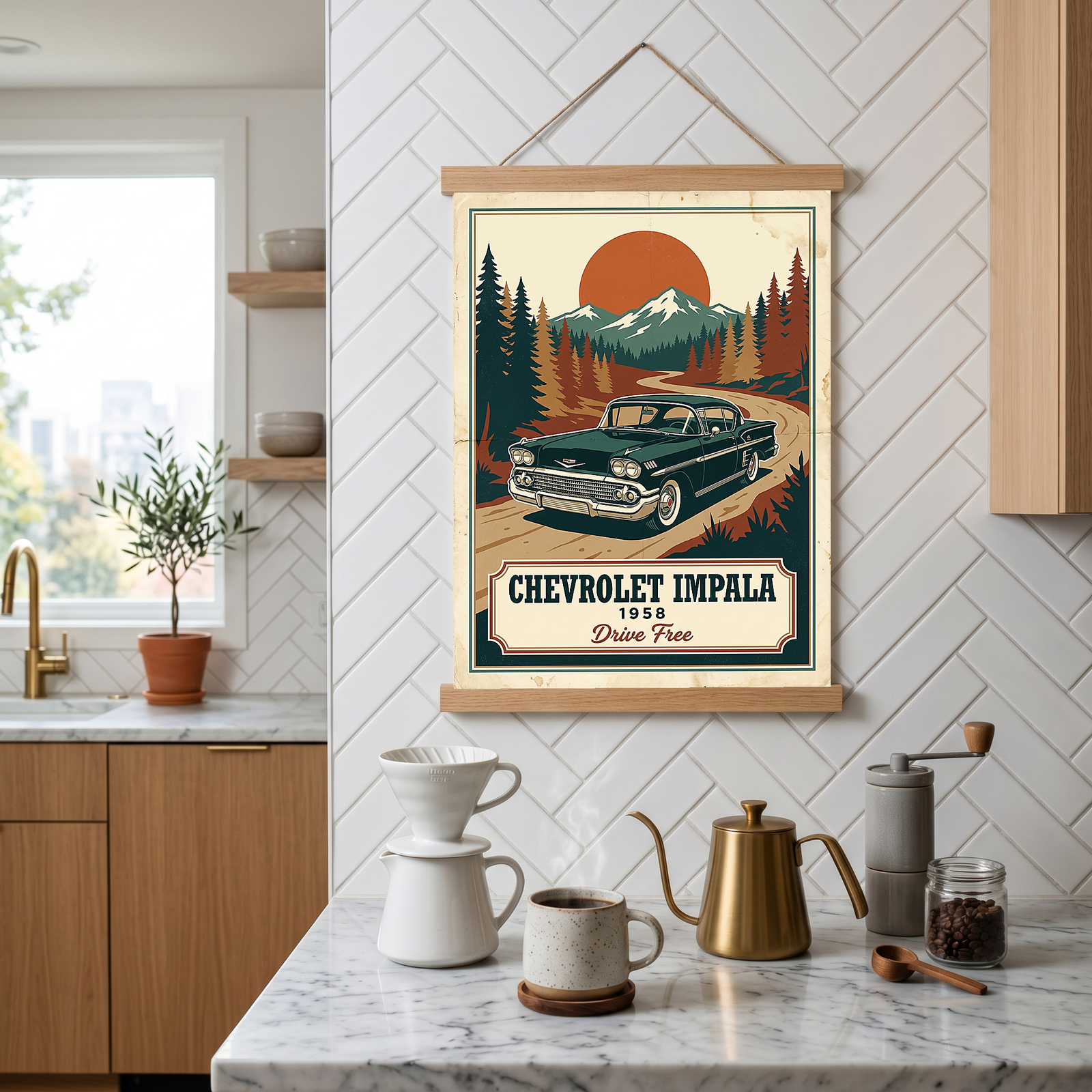 Chevrolet Impala 1958 Poster — Vintage Muscle Mountain Pine Sunset Print