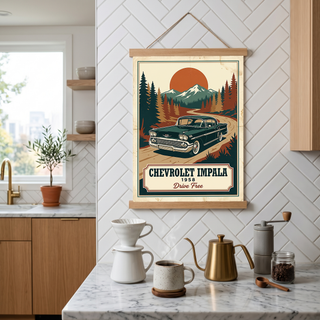 Chevrolet Impala 1958 Poster — Vintage Muscle Mountain Pine Sunset Print