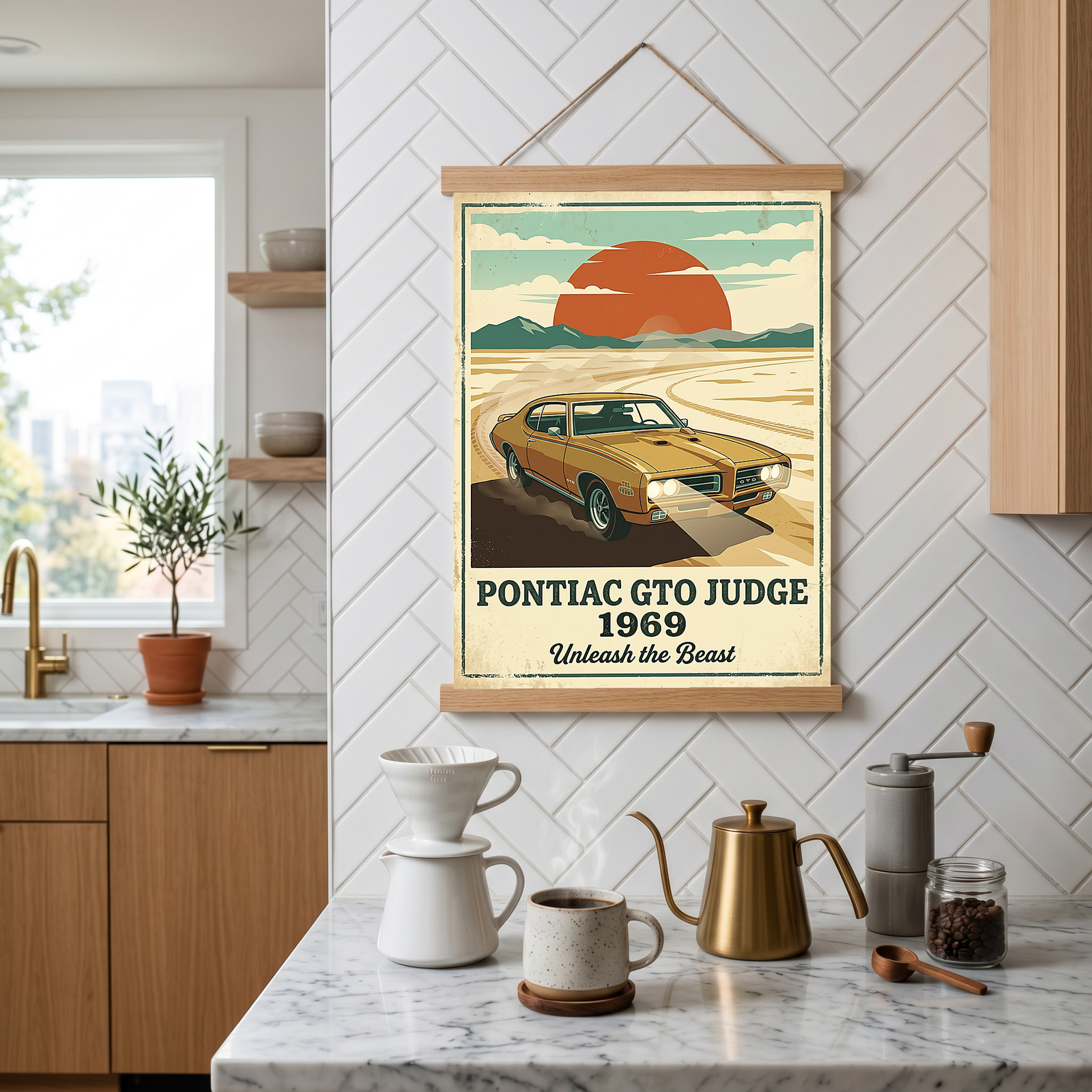 Pontiac GTO Judge 1969 V2 Poster — Vintage Muscle Car Desert Sunset Print