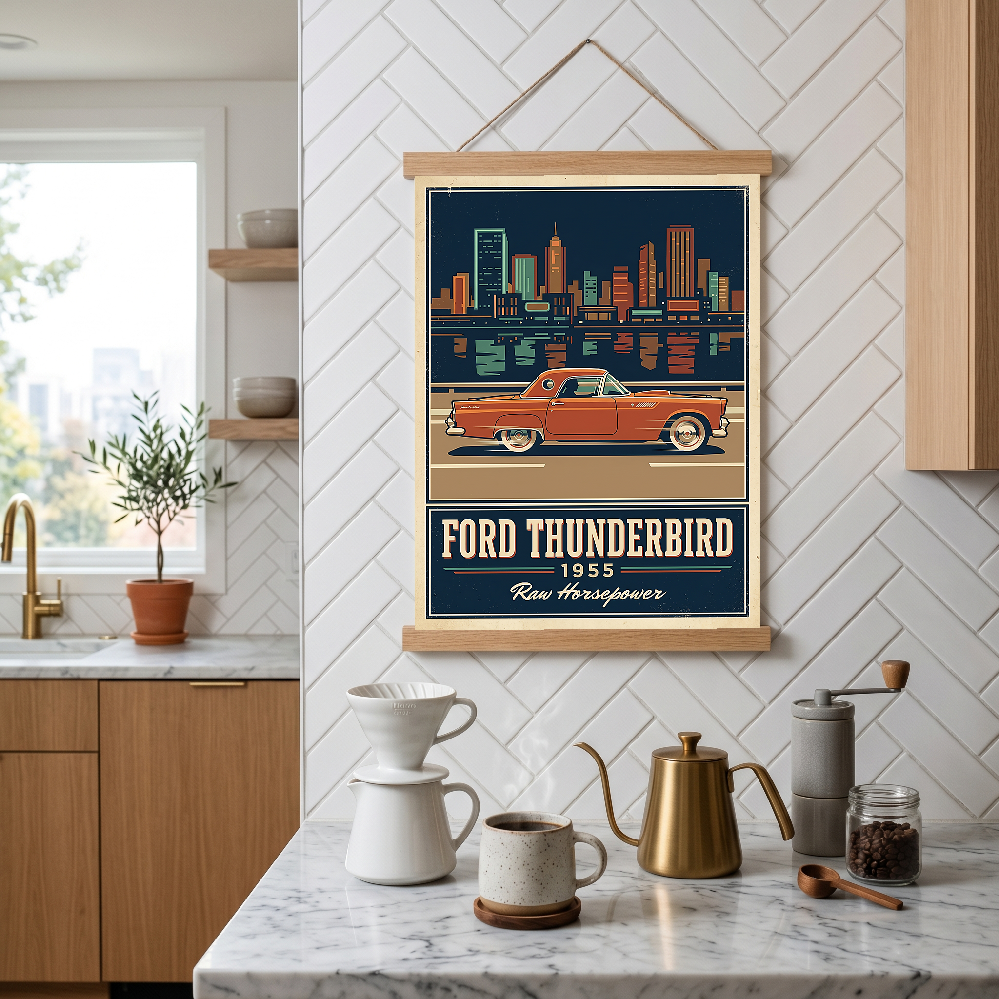 Ford Thunderbird 1955 Poster — Vintage Two-Seater Convertible City Skyline Print
