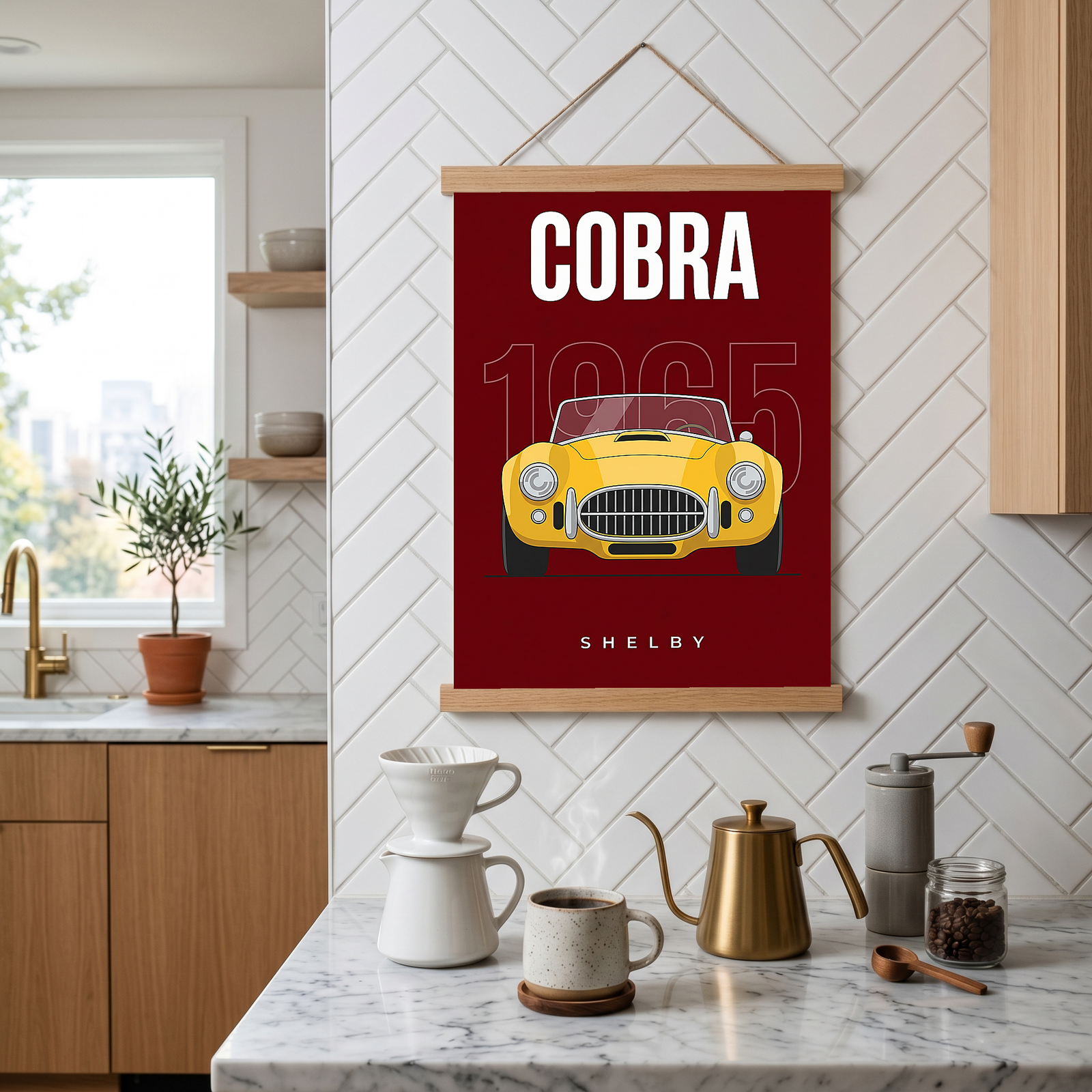 Shelby Cobra 1965 Minimalist Poster — Burgundy Roadster Line Art