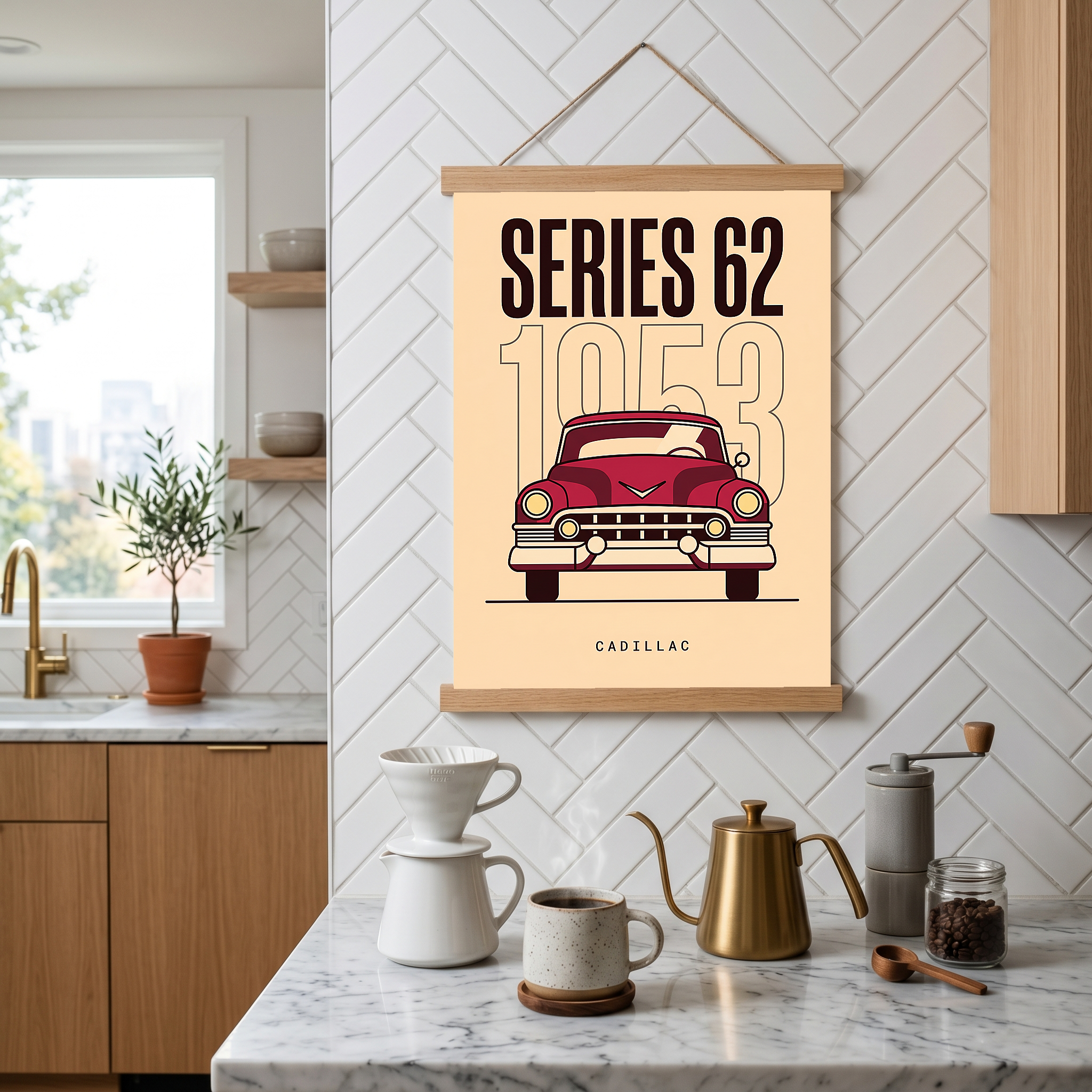 Cadillac Series 62 1953 Minimalist Poster — Cream Classic Car Line Art