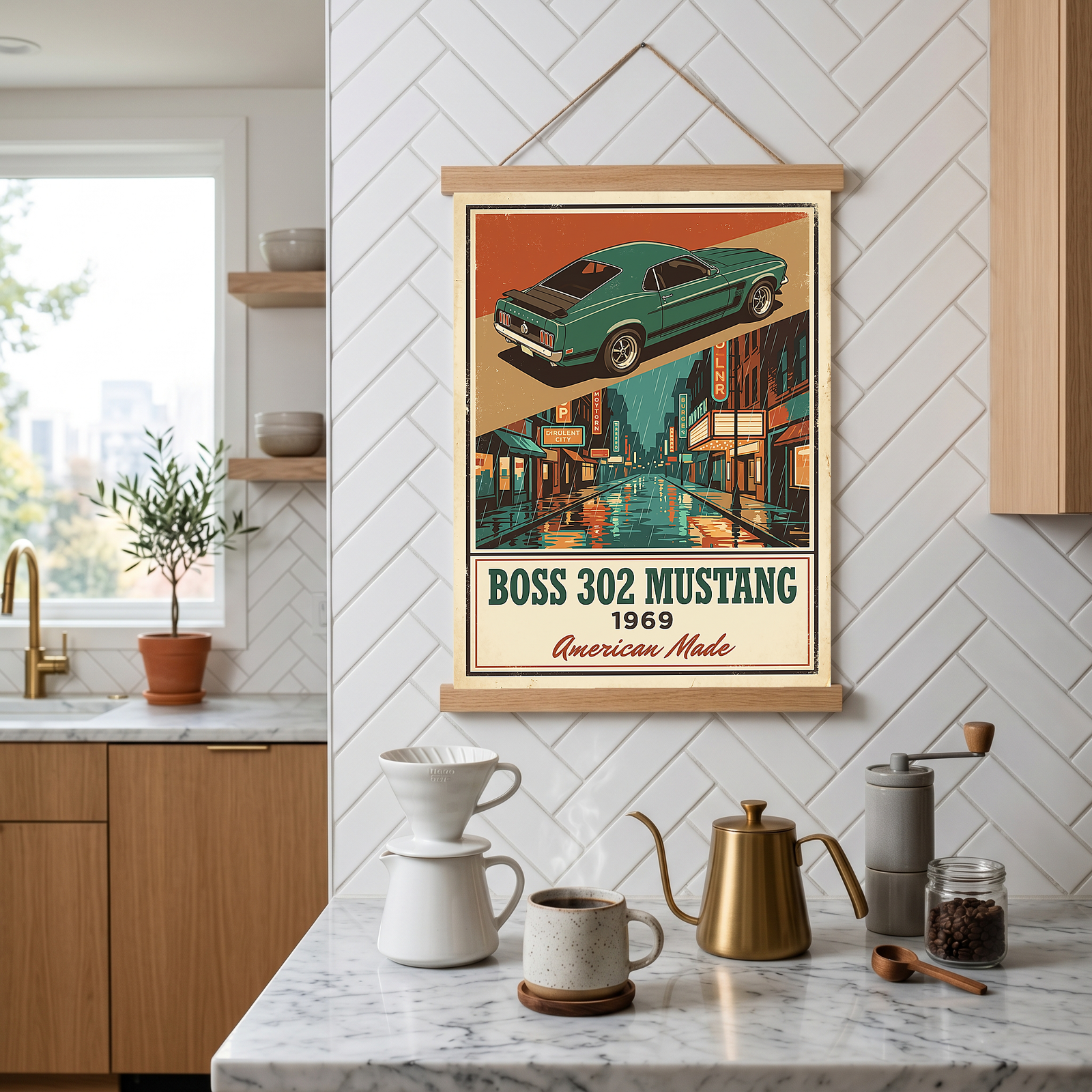 Boss 302 Mustang 1969 V2 Poster — Vintage Muscle Rainy Cinema Street Print