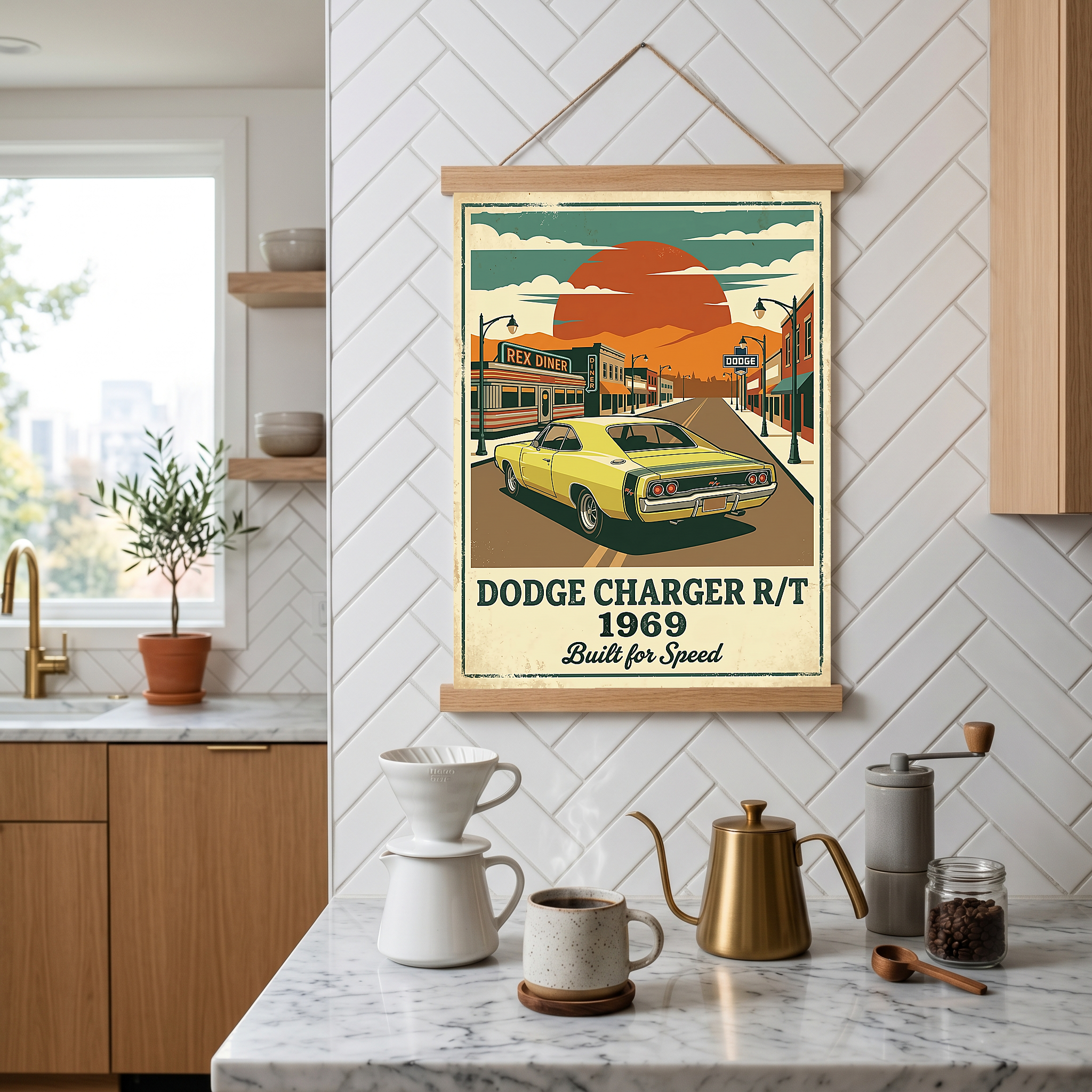 Dodge Charger R/T 1969 Yellow Edition — Vintage Muscle Diner Main Street Print