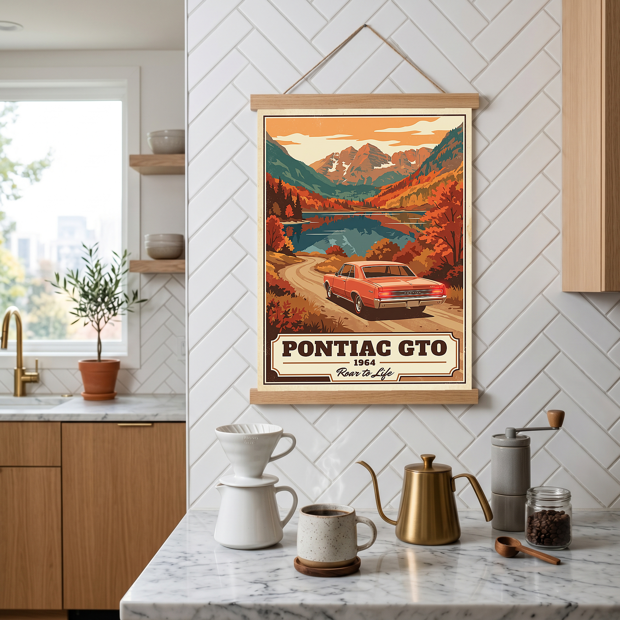 Pontiac GTO 1964 V4 Poster — Vintage Muscle Autumn Mountain Lake Print
