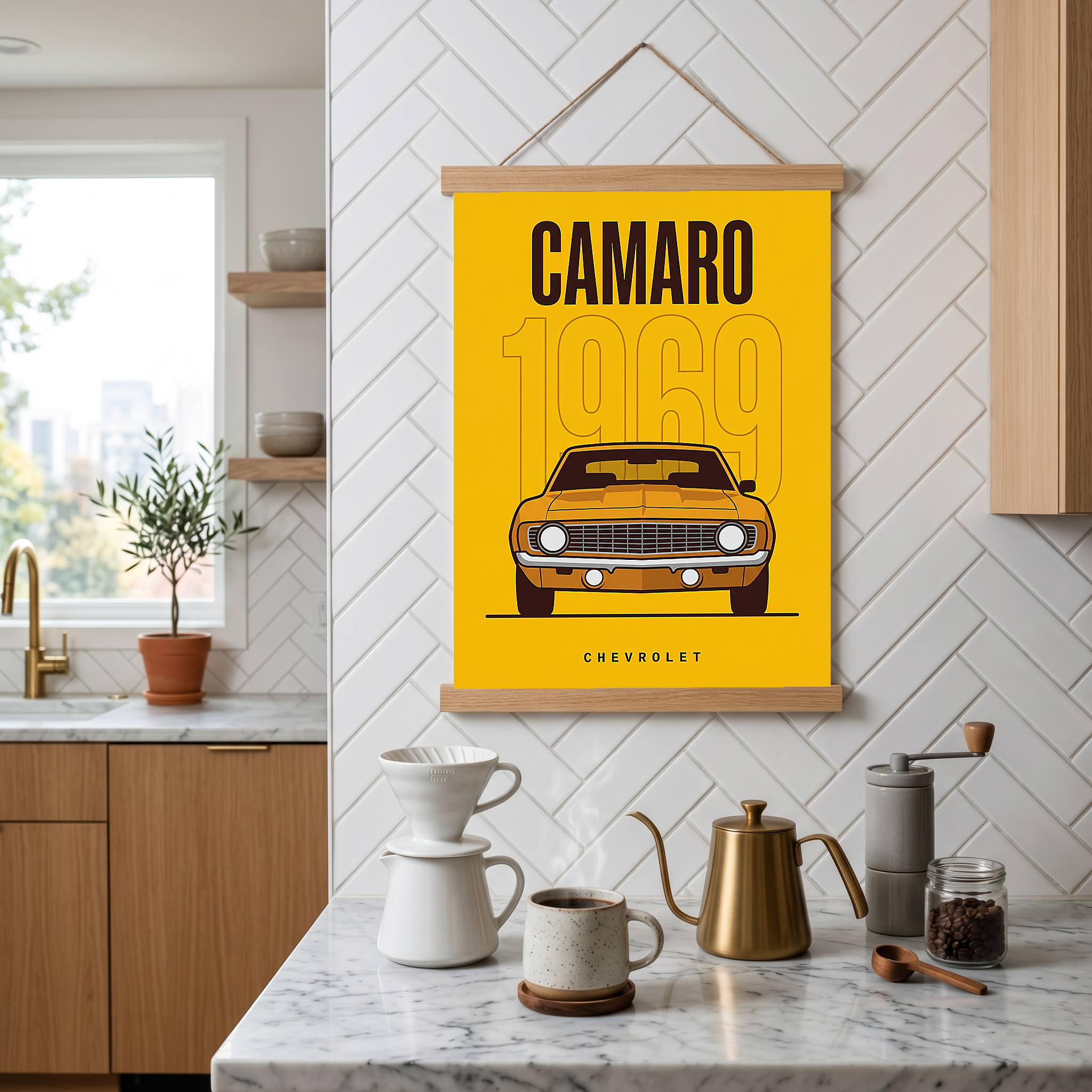 Chevrolet Camaro 1969 V2 Yellow Minimalist Poster — Muscle Car Line Art