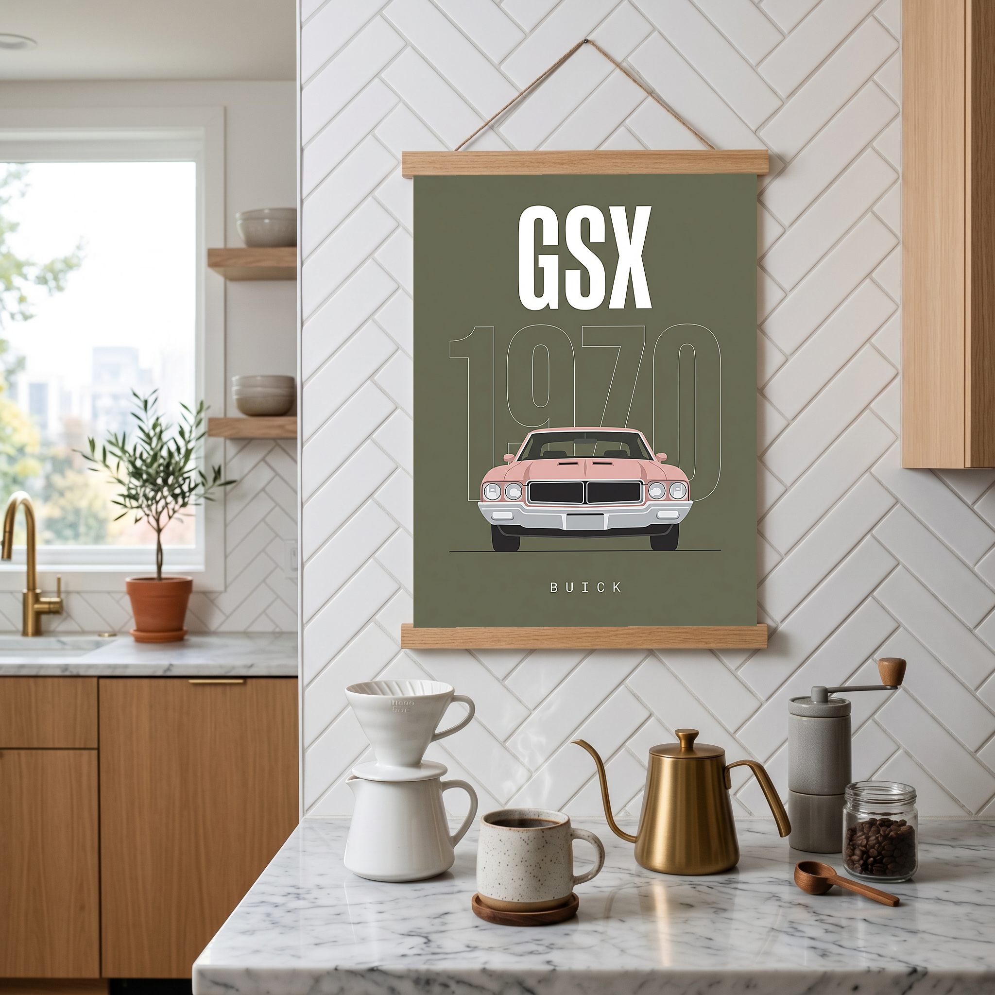 Buick GSX 1970 Minimalist Poster — Olive Sage Muscle Car Line Art