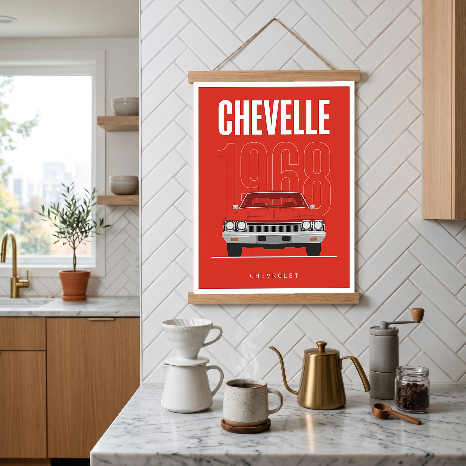 Chevrolet Chevelle 1968 Minimalist Poster — Red Muscle Car Line Art