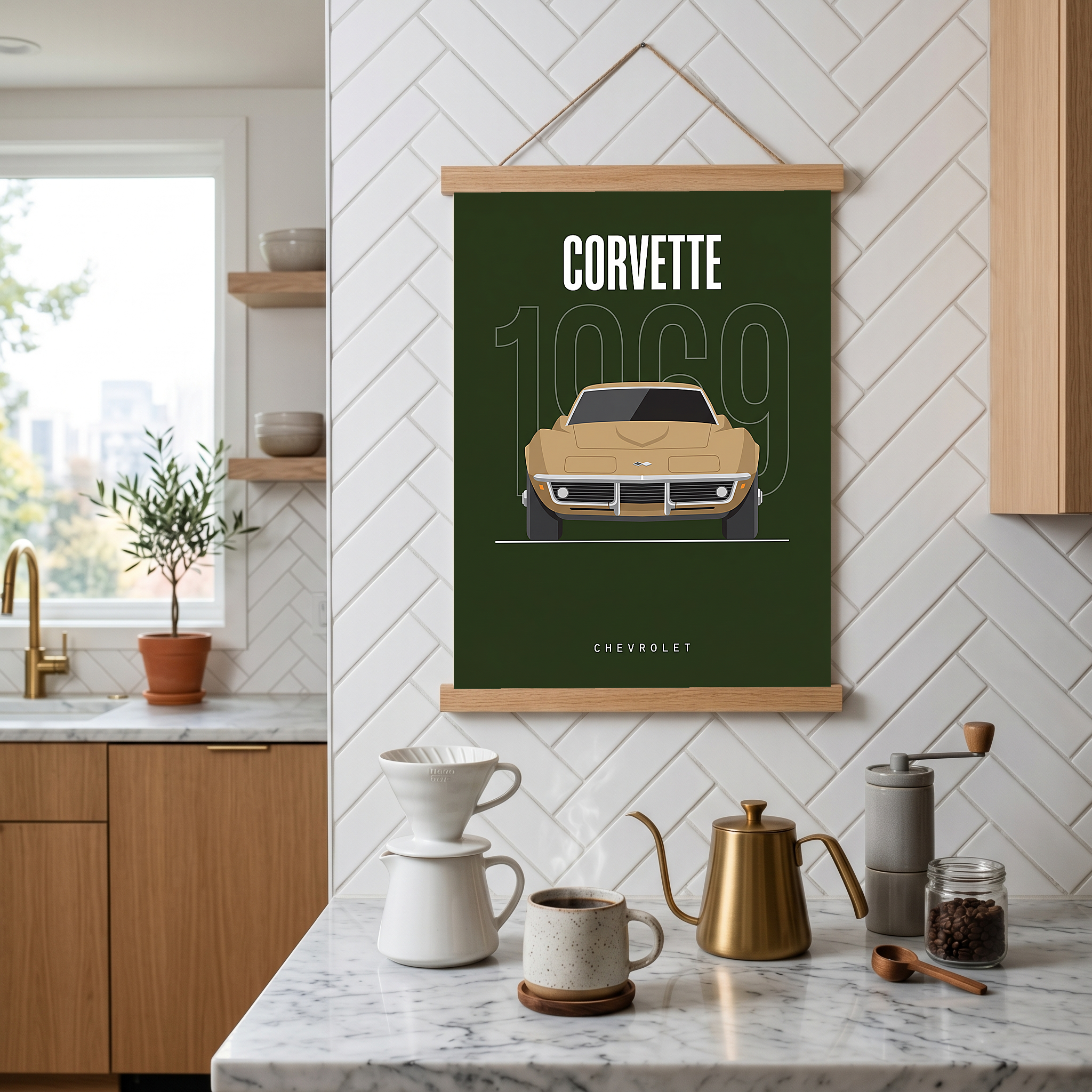 Chevrolet Corvette 1969 Minimalist Poster — Forest Green Muscle Car Line Art