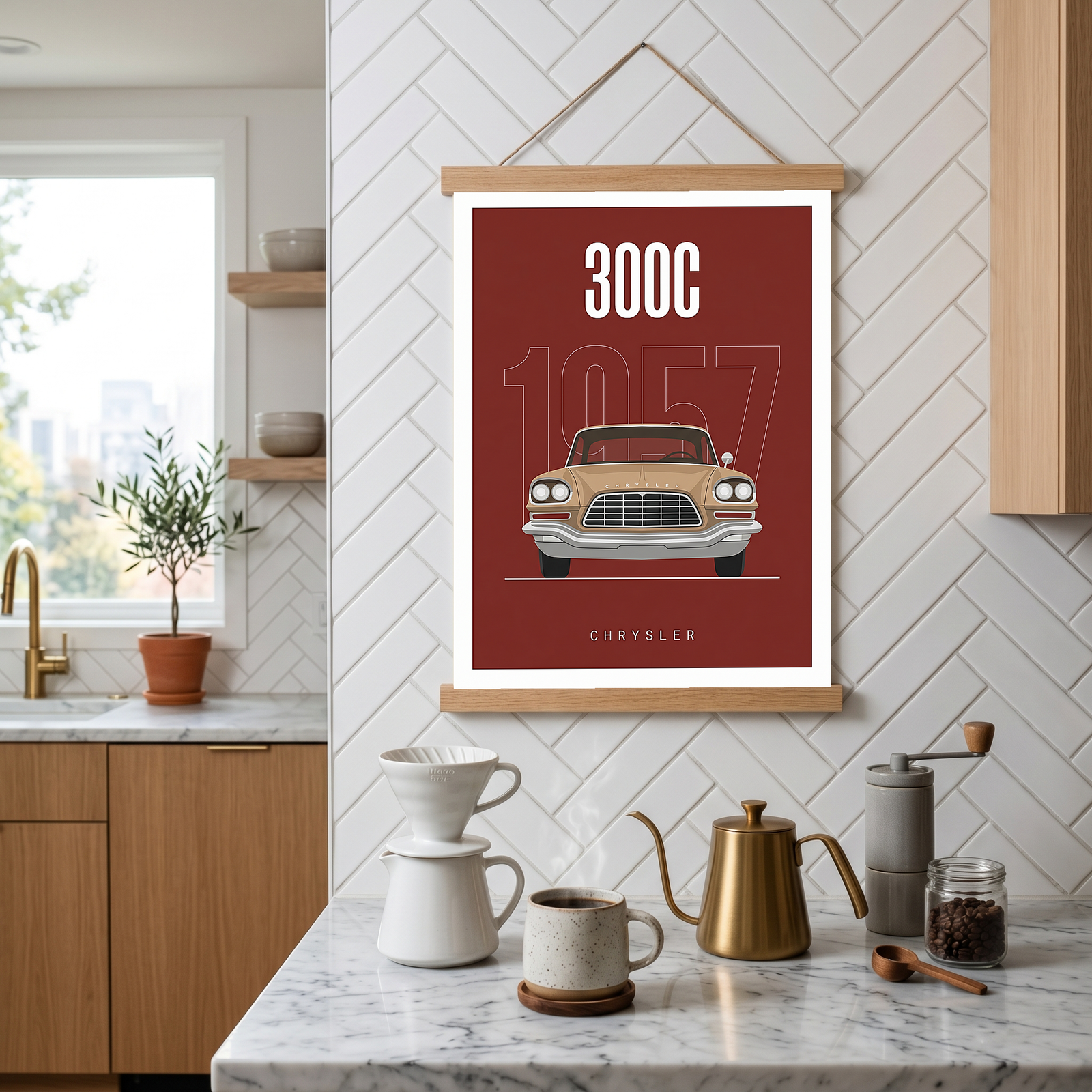 Chrysler 300C 1957 Minimalist Poster — Crimson Letter Series Line Art
