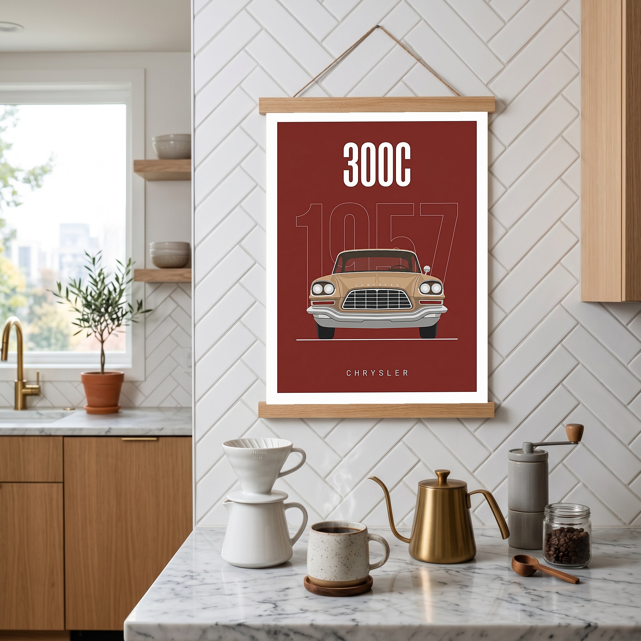 Chrysler 300C 1957 Minimalist Poster — Crimson Letter Series Line Art