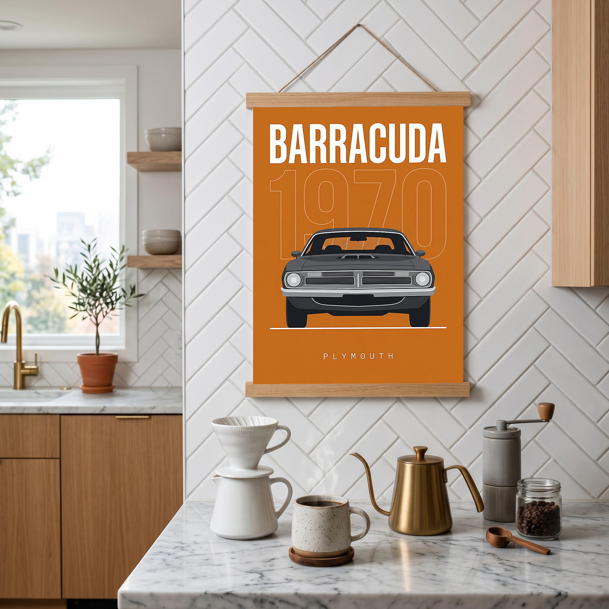 Plymouth Barracuda 1970 Minimalist Poster — Orange Muscle Car Line Art
