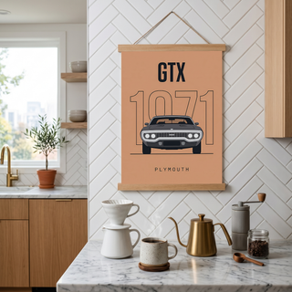 Plymouth GTX 1971 Minimalist Poster — Peach B-Body Muscle Line Art
