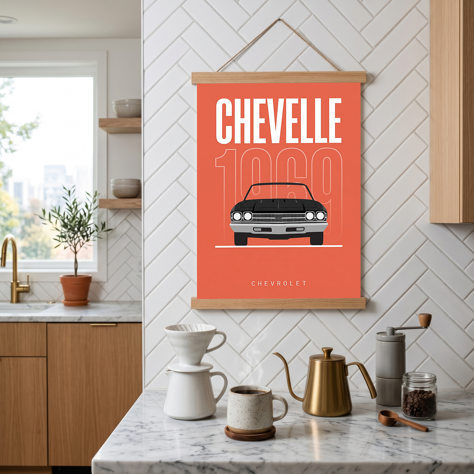 Chevrolet Chevelle 1969 Minimalist Poster — Coral Convertible Muscle Line Art