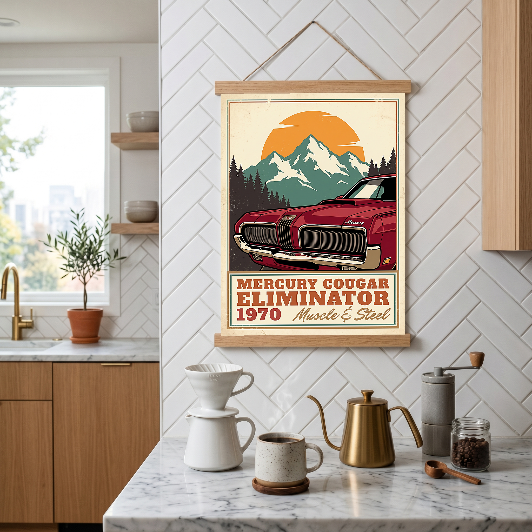 Mercury Cougar Eliminator 1970 V3 Poster — Vintage Muscle Front Grille Mountain Print