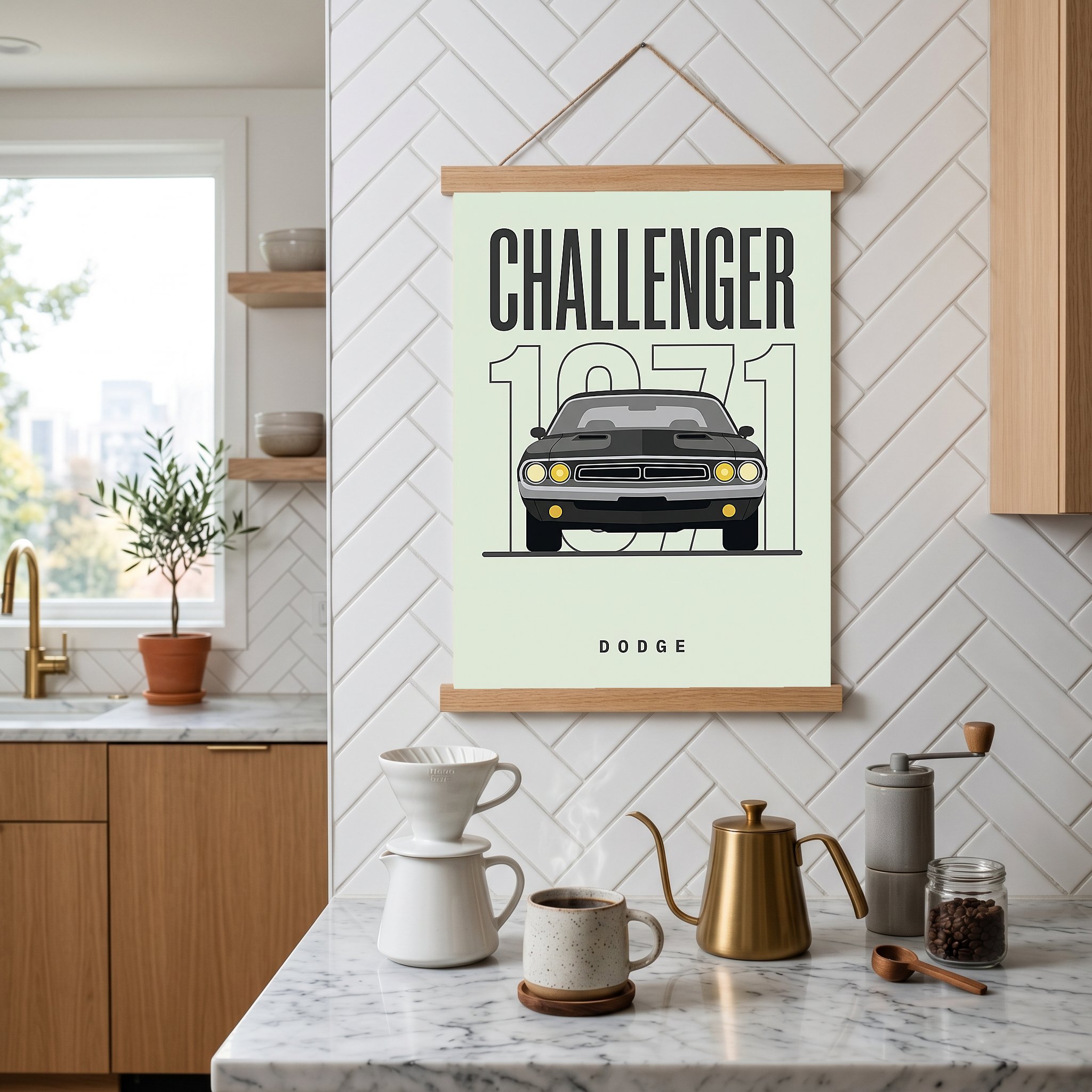 Dodge Challenger 1971 Minimalist Poster — Mint Sage Muscle Car Line Art