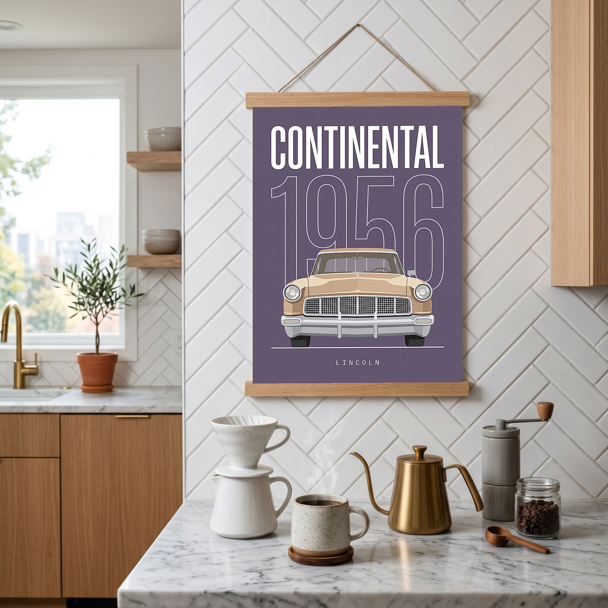 Lincoln Continental 1956 Minimalist Poster — Purple Classic Car Line Art