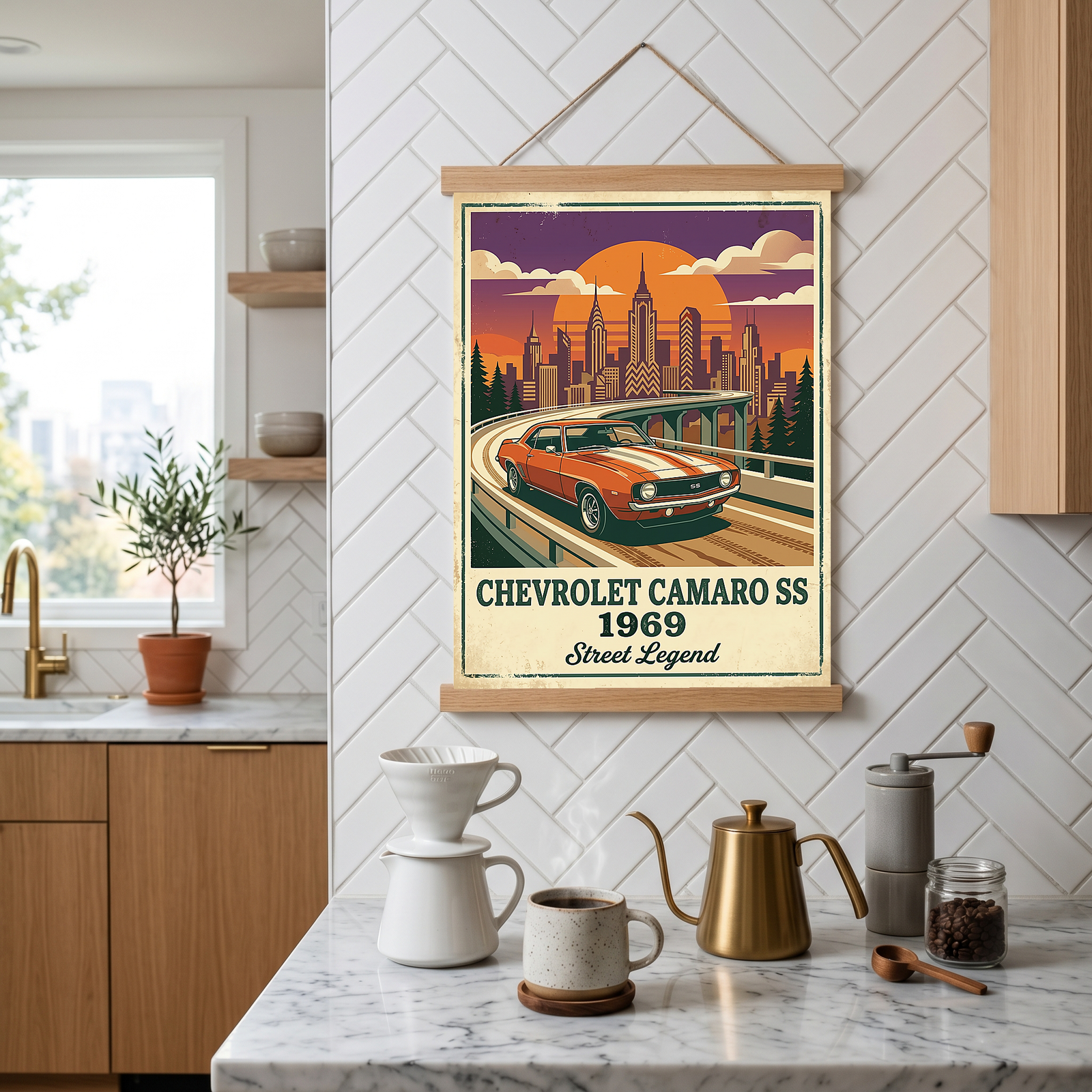 Chevrolet Camaro SS 1969 Poster — Vintage Muscle Car City Skyline Print