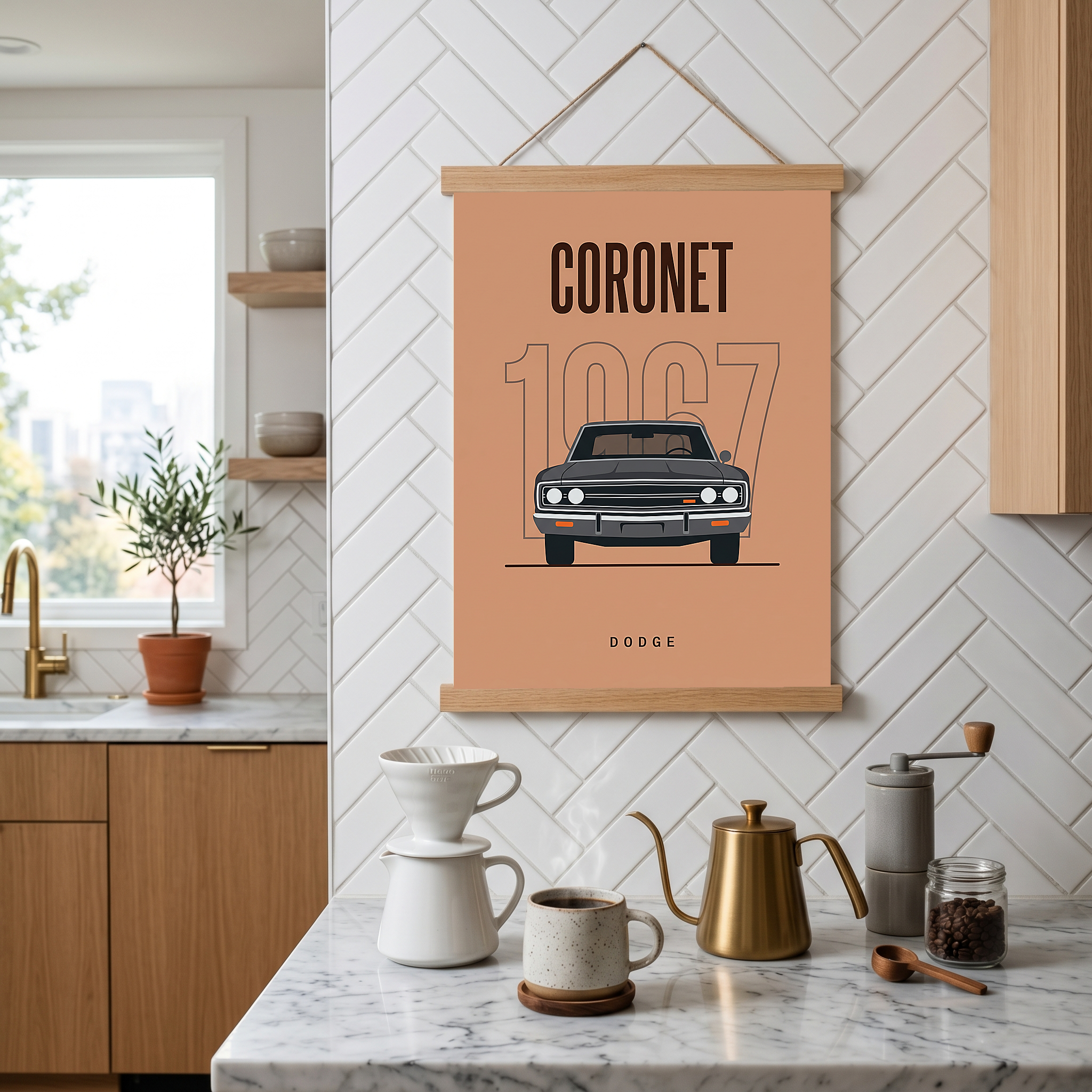 Dodge Coronet 1967 Minimalist Poster — Peach Muscle Car Line Art