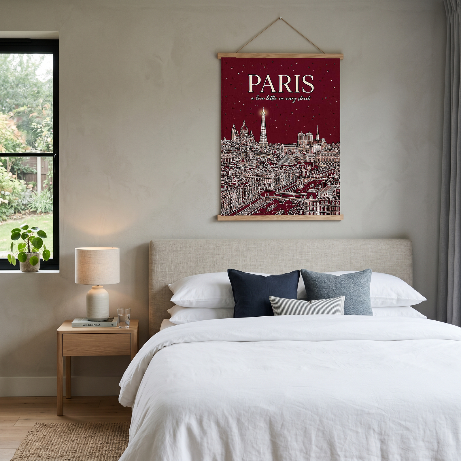 Paris Line Art Print — Burgundy Eiffel Tower Skyline Wall Art